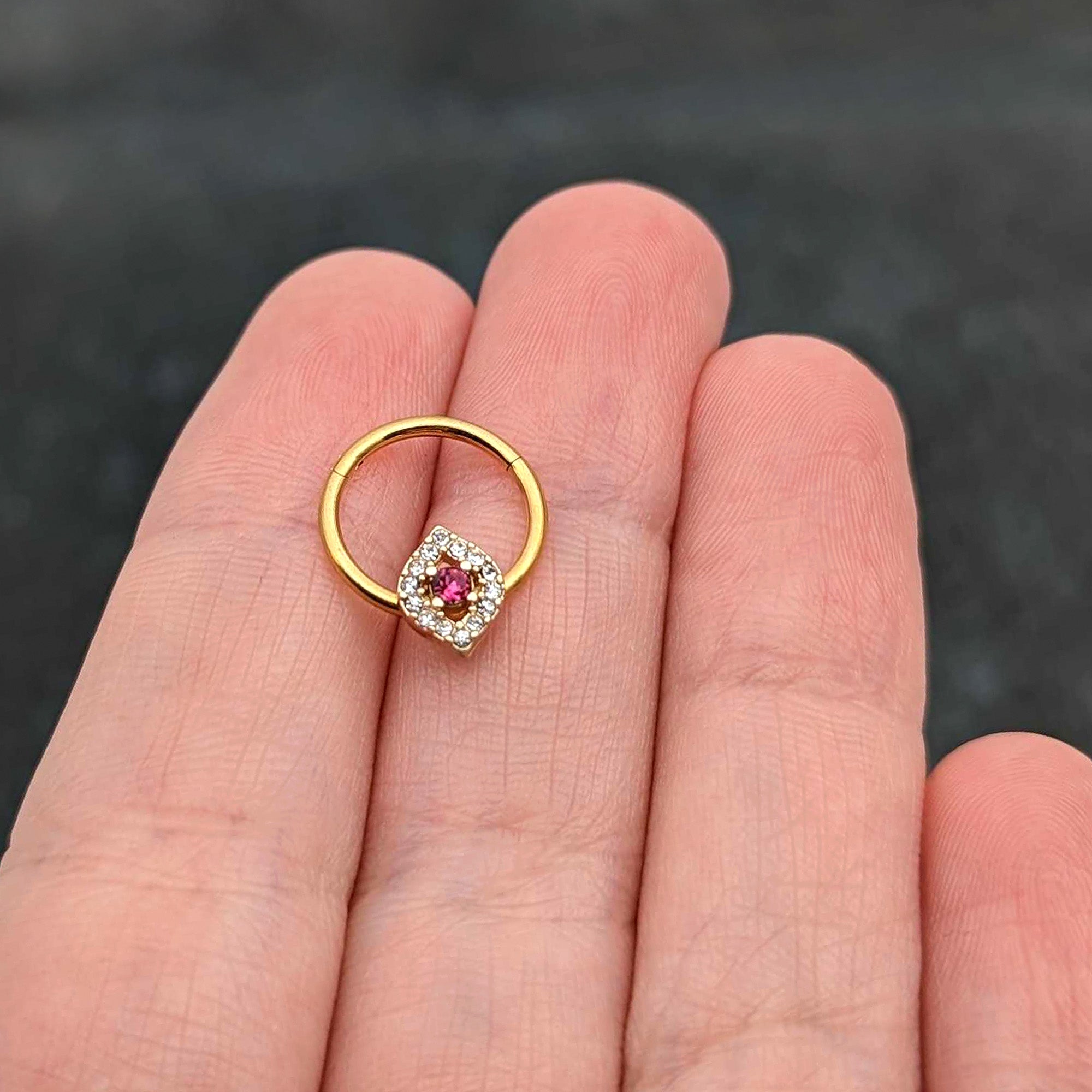 BodyCandy 16G 3/8 Clear Pink Gem Gold Tone Open Eye Hinged Segment Ring — size reference