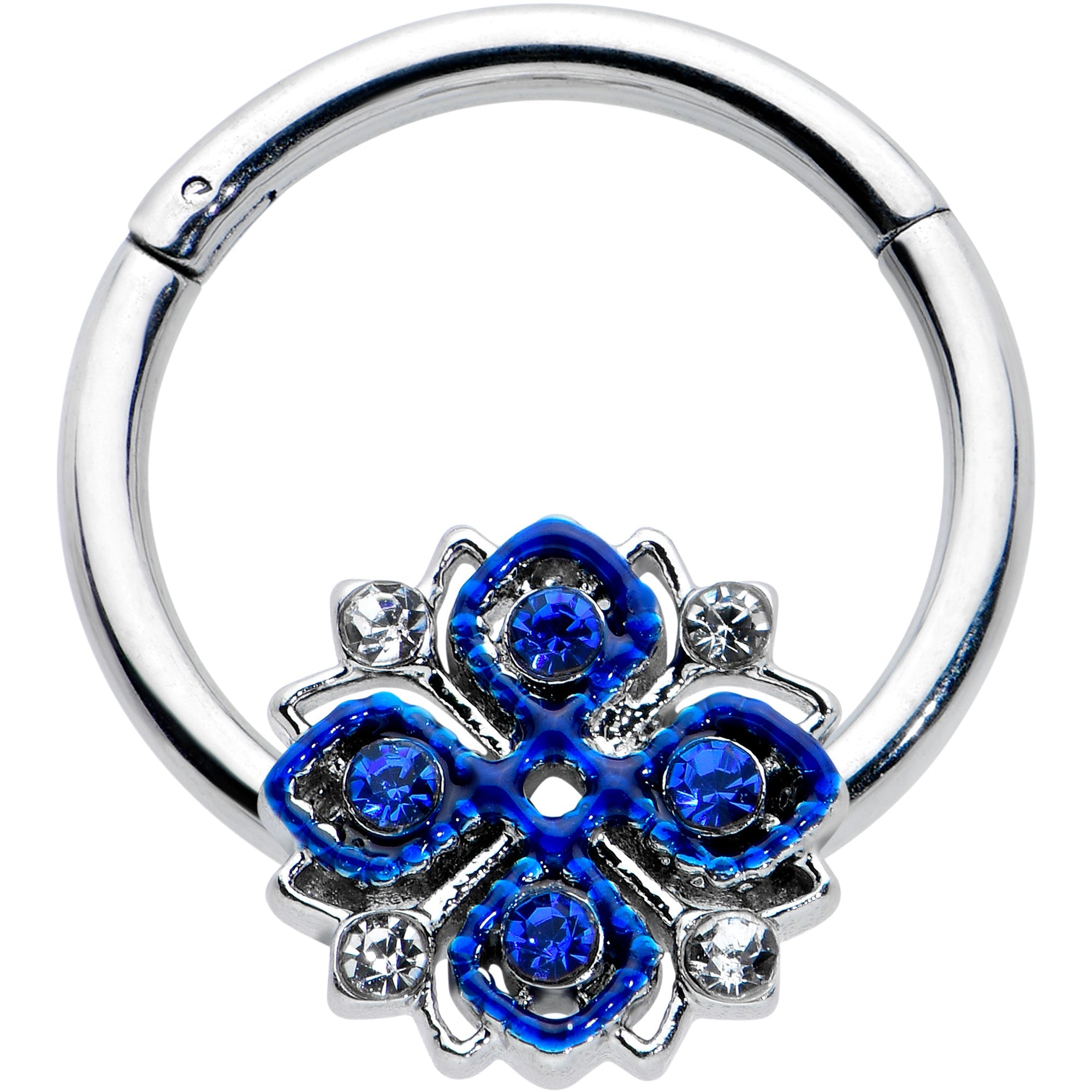 BodyCandy 16G 3/8 Blue Clear Gem Embellished Cross Hinged Segment Ring — main product shot