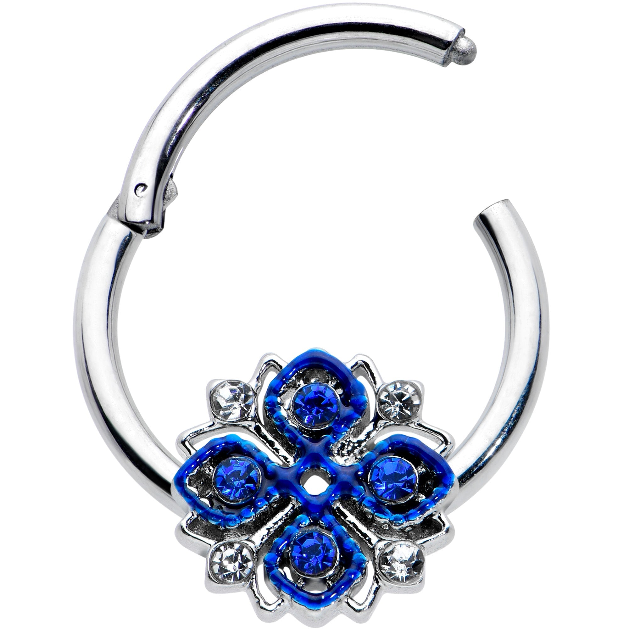 BodyCandy 16G 3/8 Blue Clear Gem Embellished Cross Hinged Segment Ring — detail close-up