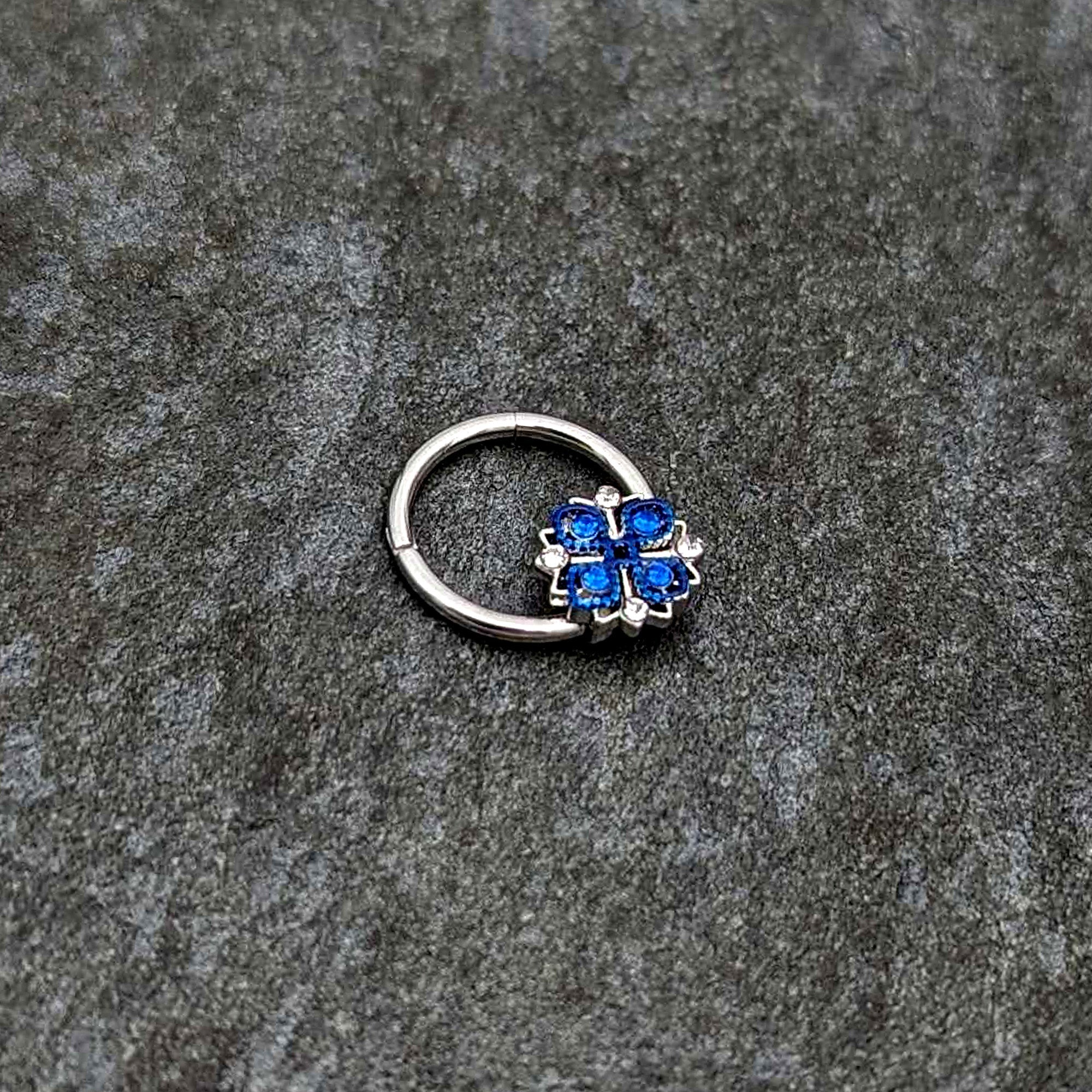 BodyCandy 16G 3/8 Blue Clear Gem Embellished Cross Hinged Segment Ring — side view