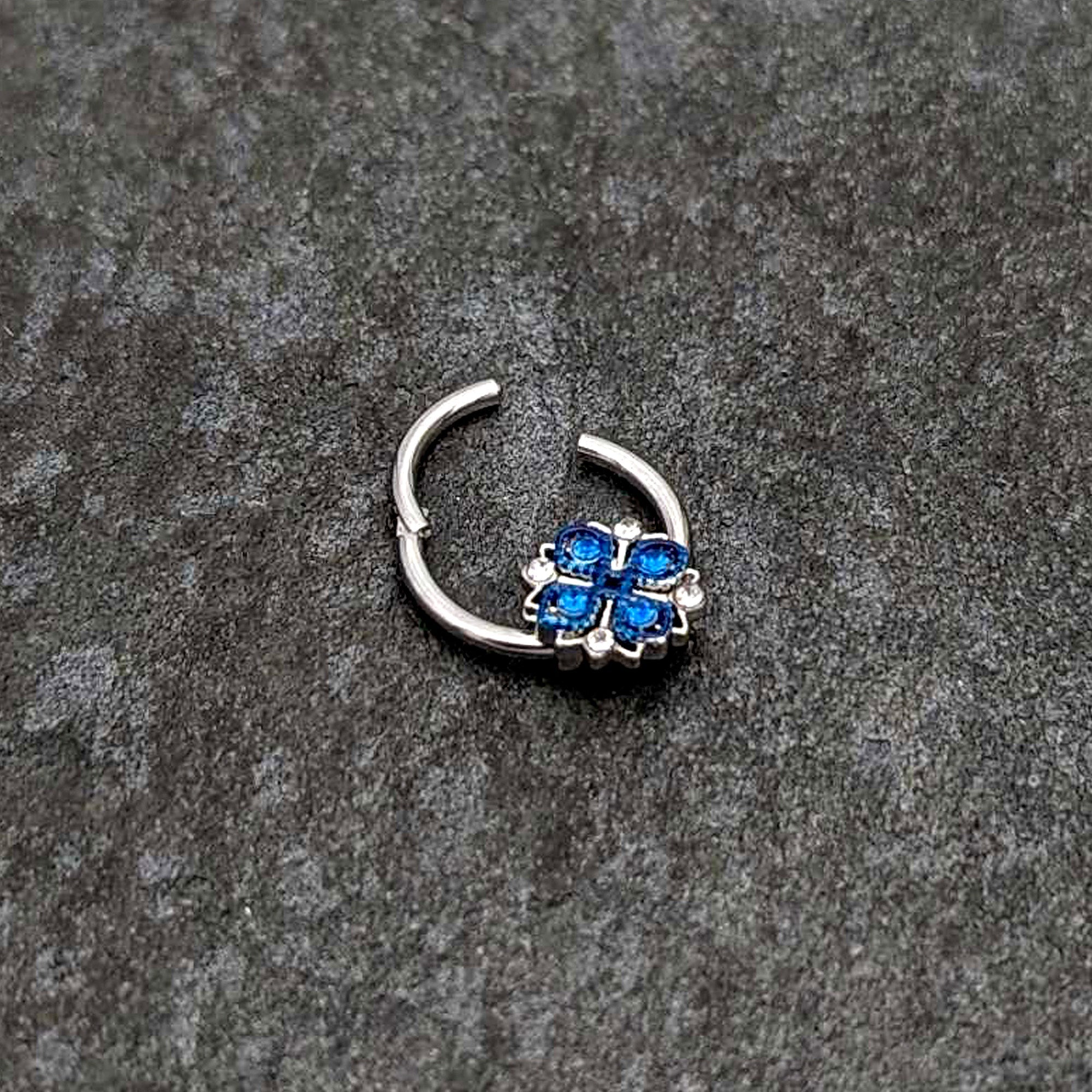 BodyCandy 16G 3/8 Blue Clear Gem Embellished Cross Hinged Segment Ring — back view