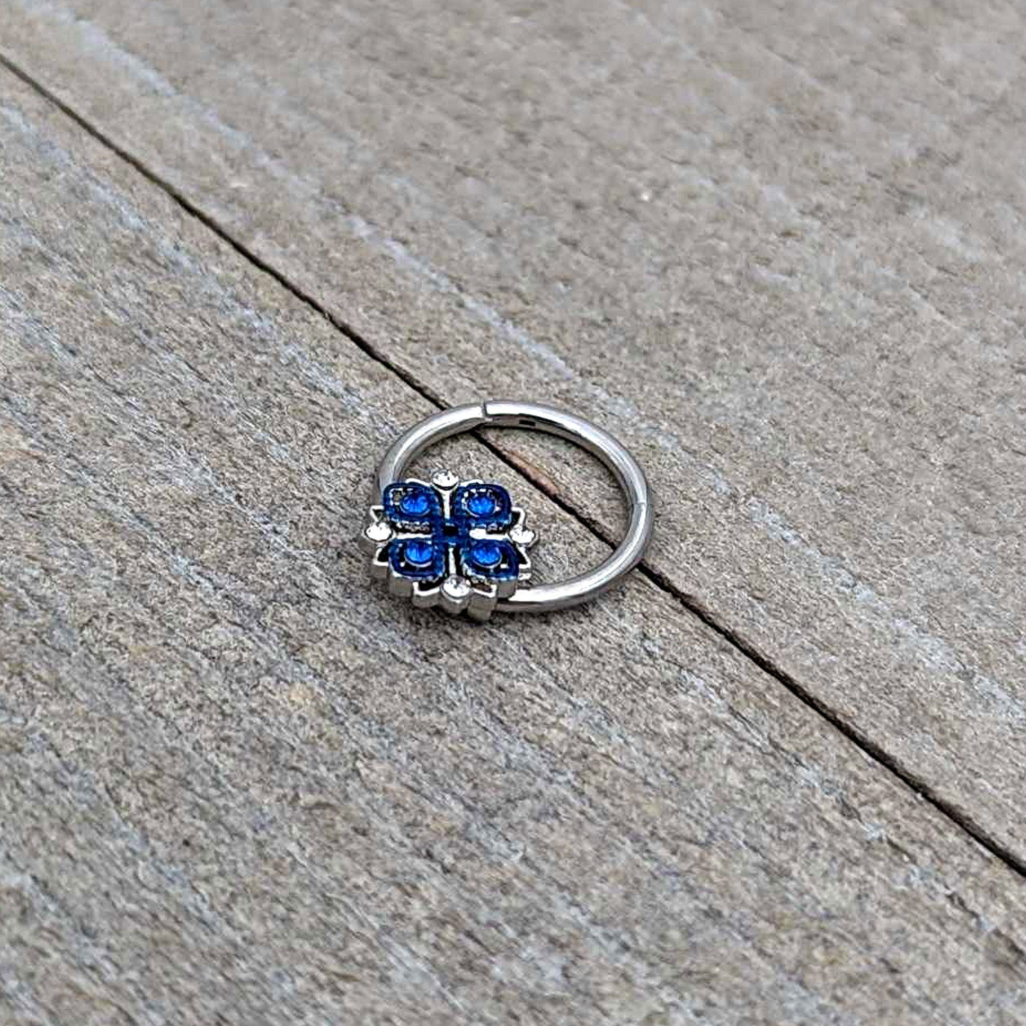 BodyCandy 16G 3/8 Blue Clear Gem Embellished Cross Hinged Segment Ring — alternative angle
