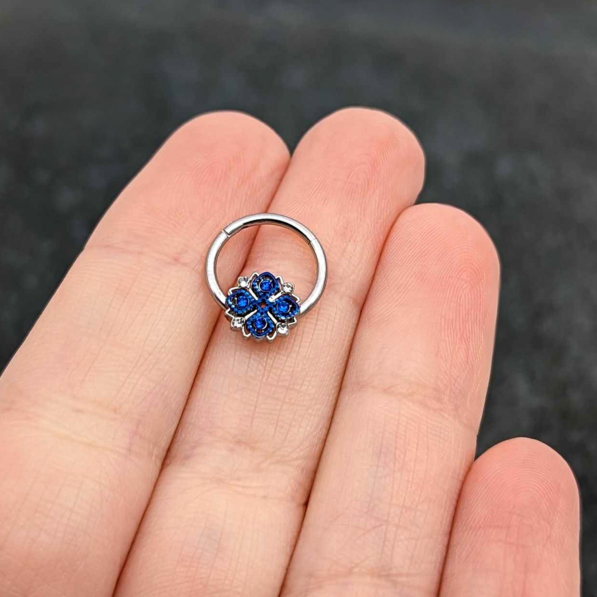 BodyCandy 16G 3/8 Blue Clear Gem Embellished Cross Hinged Segment Ring — size reference