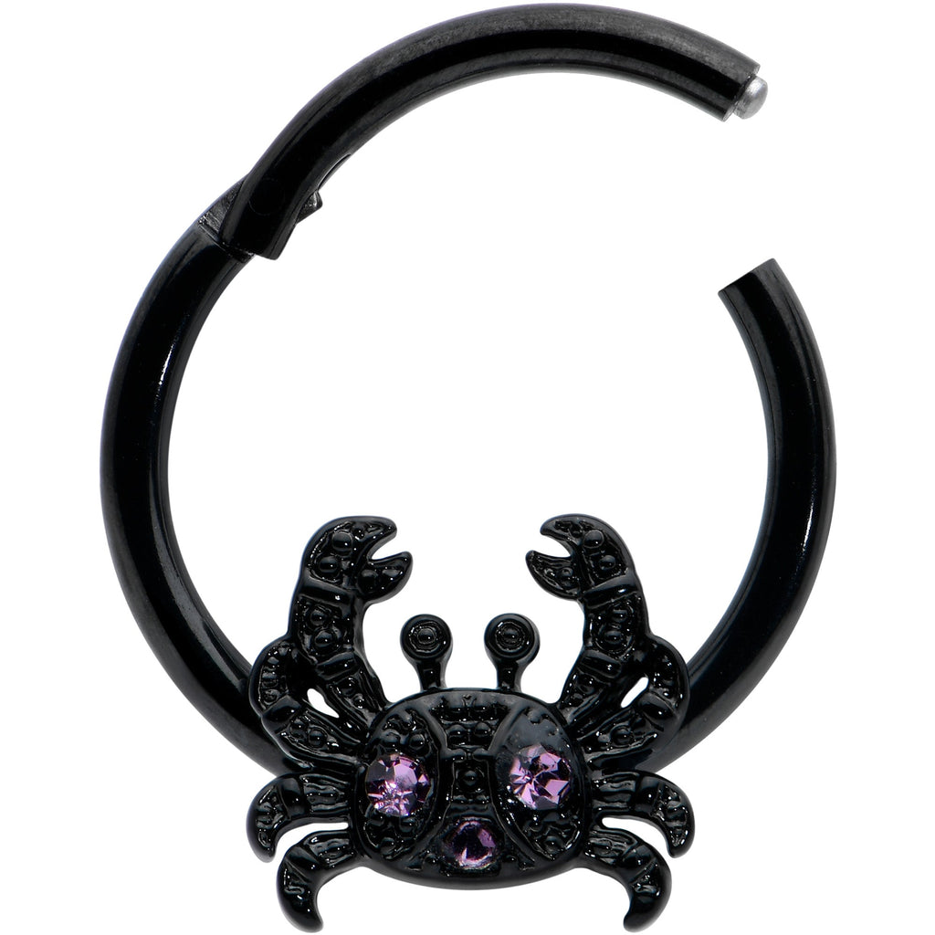 BodyCandy 16G 3/8 Purple Gem Black Chic Crab Hinged Segment Ring — detail close-up