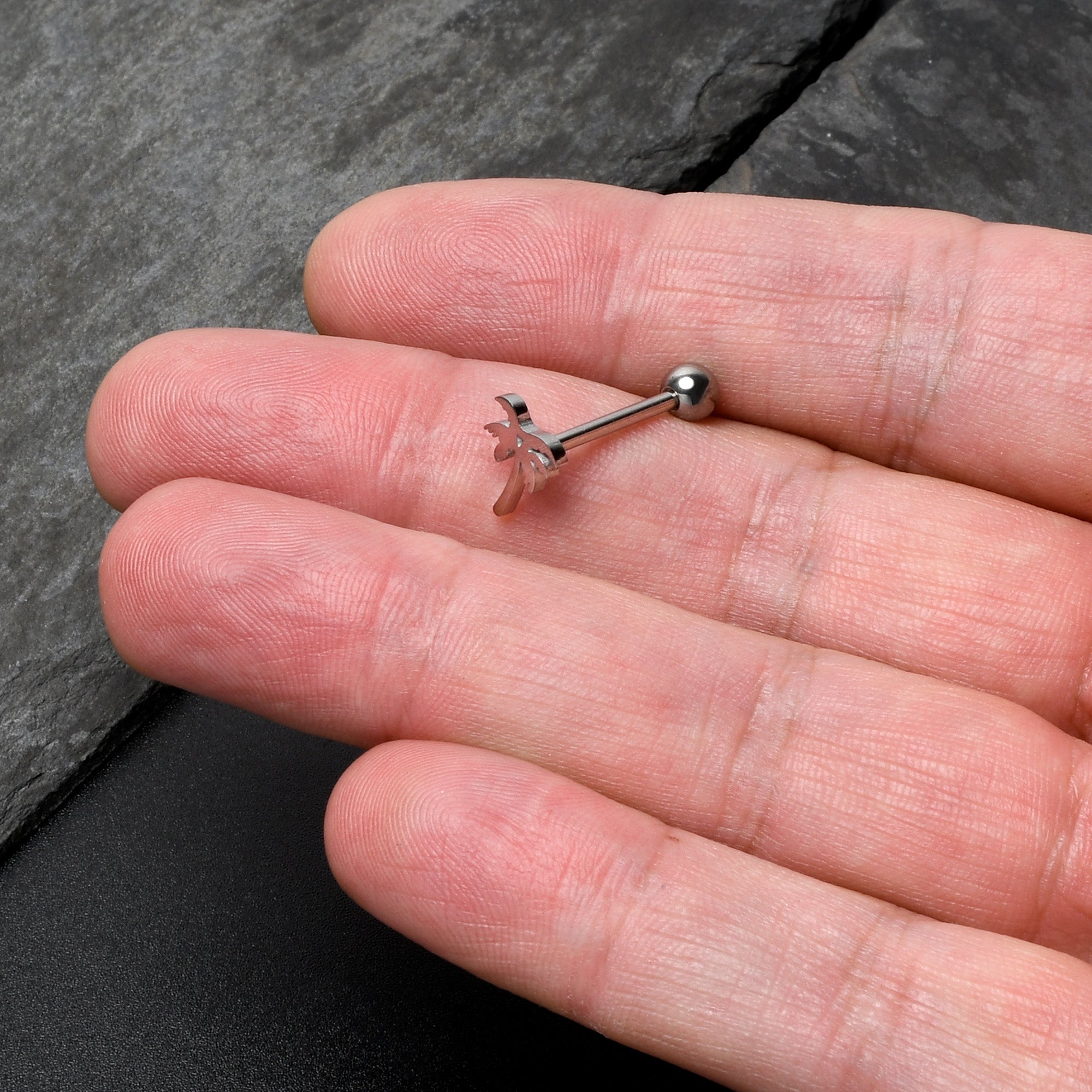 BodyCandy 316L Surgical Steel Tropically Trendy Palm Tree Barbell Tongue Ring — in-use photo