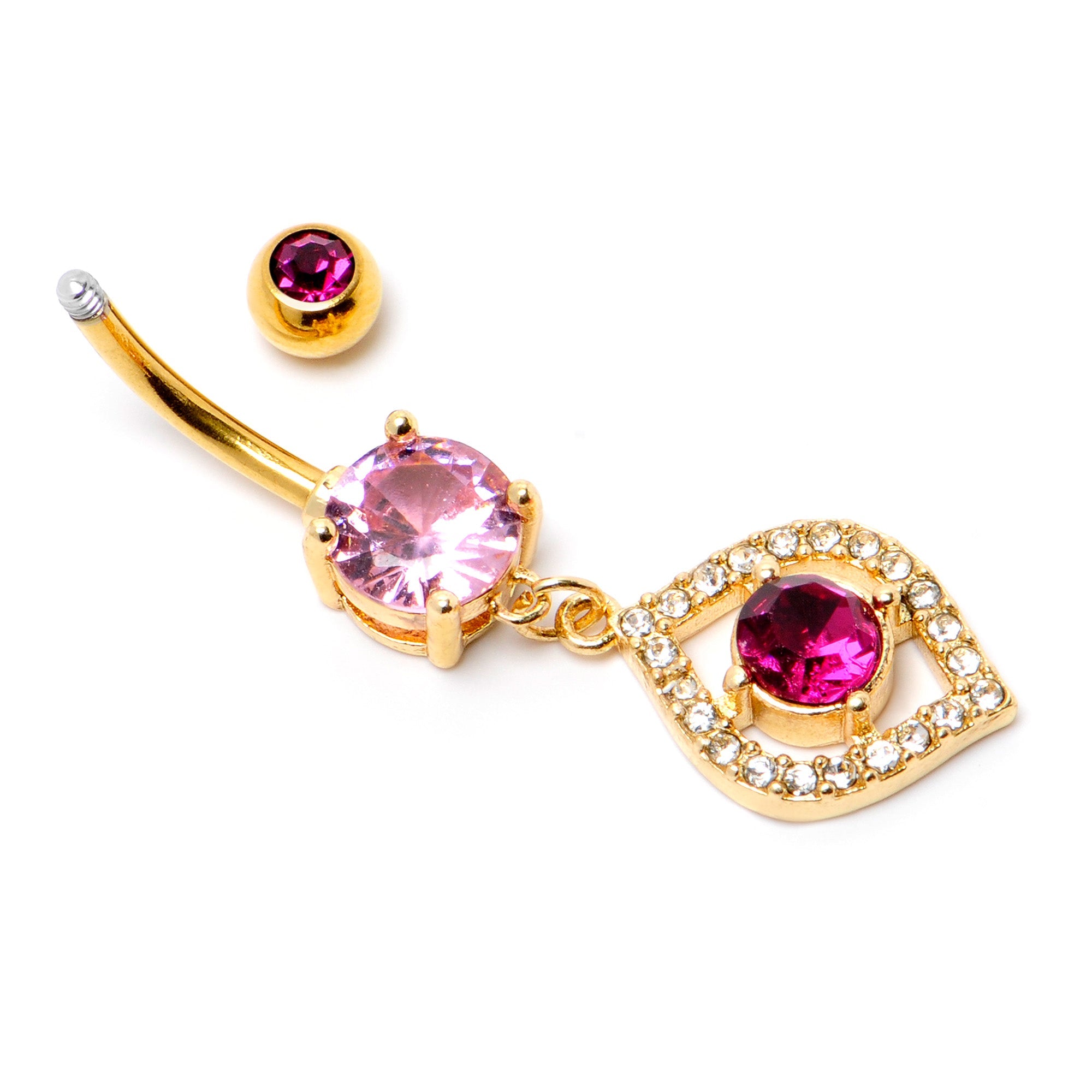 BodyCandy Clear Pink Gem Gold Tone Open Eye Dangle Belly Ring — back view