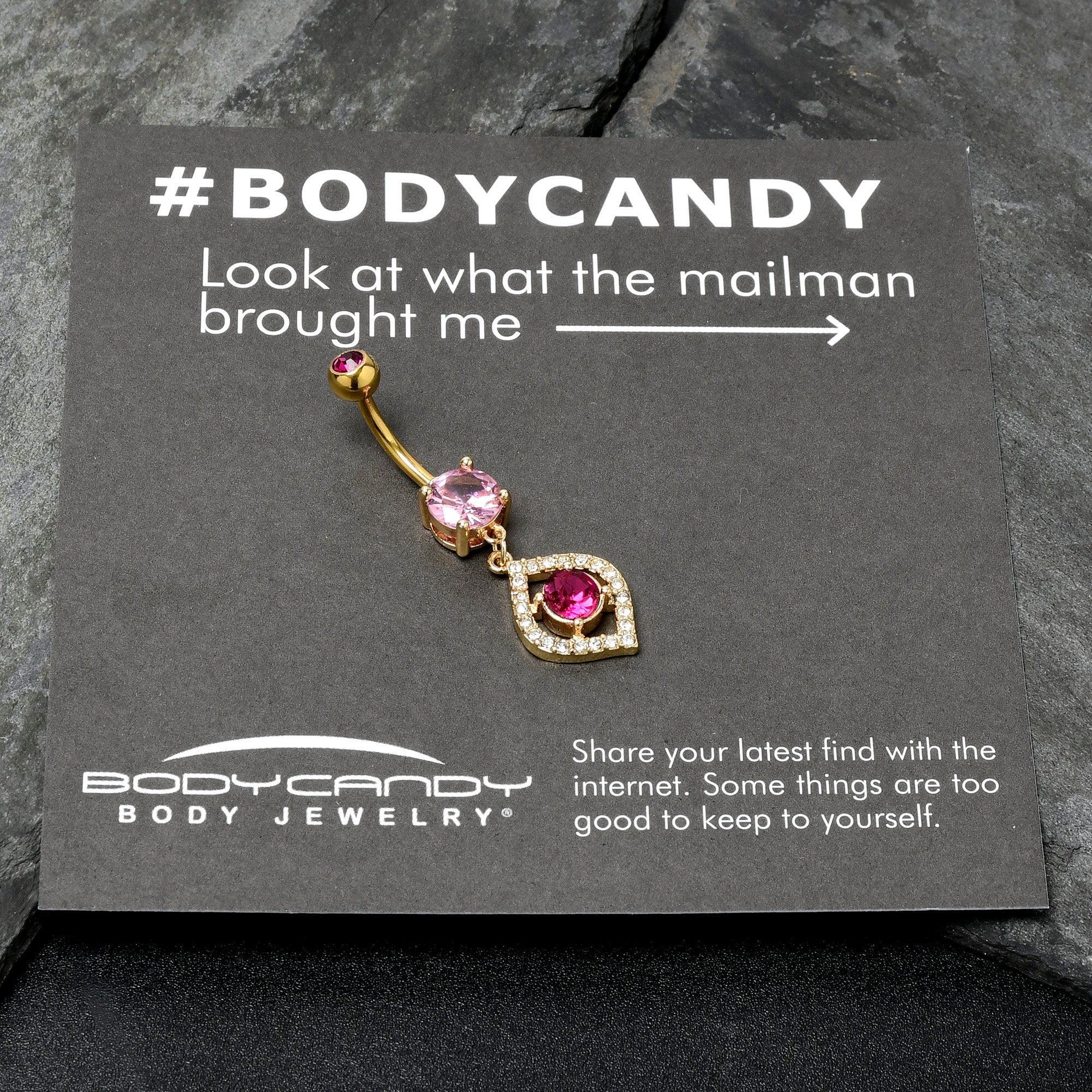BodyCandy Clear Pink Gem Gold Tone Open Eye Dangle Belly Ring — size reference