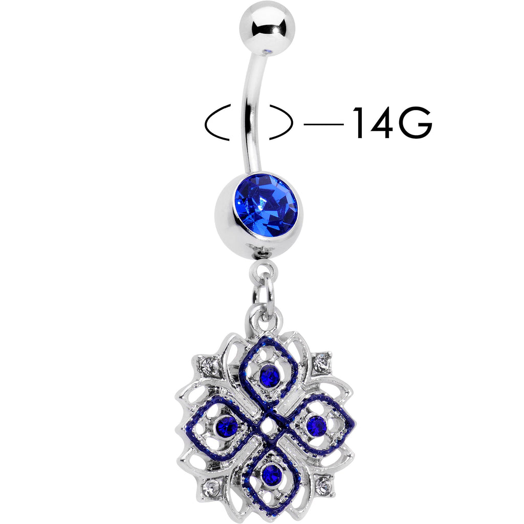 BodyCandy Clear Blue Gem Embellished Cross Dangle Belly Ring — detail close-up