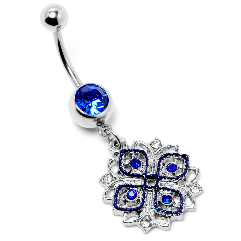 BodyCandy Clear Blue Gem Embellished Cross Dangle Belly Ring — side view