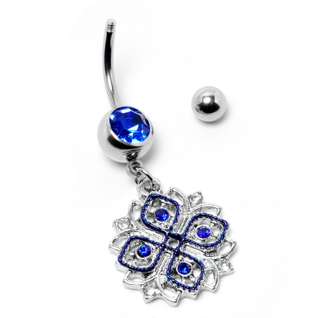 BodyCandy Clear Blue Gem Embellished Cross Dangle Belly Ring — back view
