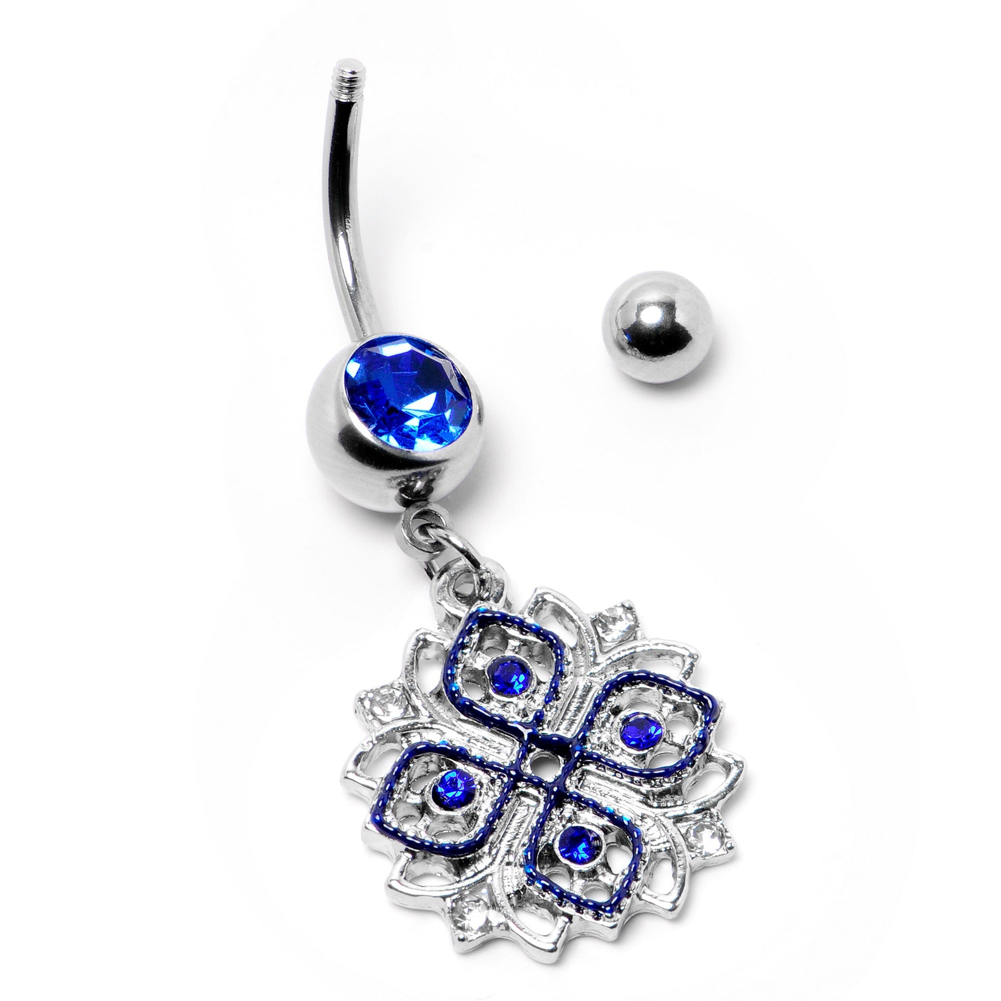 BodyCandy Clear Blue Gem Embellished Cross Dangle Belly Ring — back view