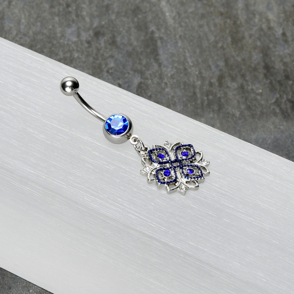 BodyCandy Clear Blue Gem Embellished Cross Dangle Belly Ring — alternative angle