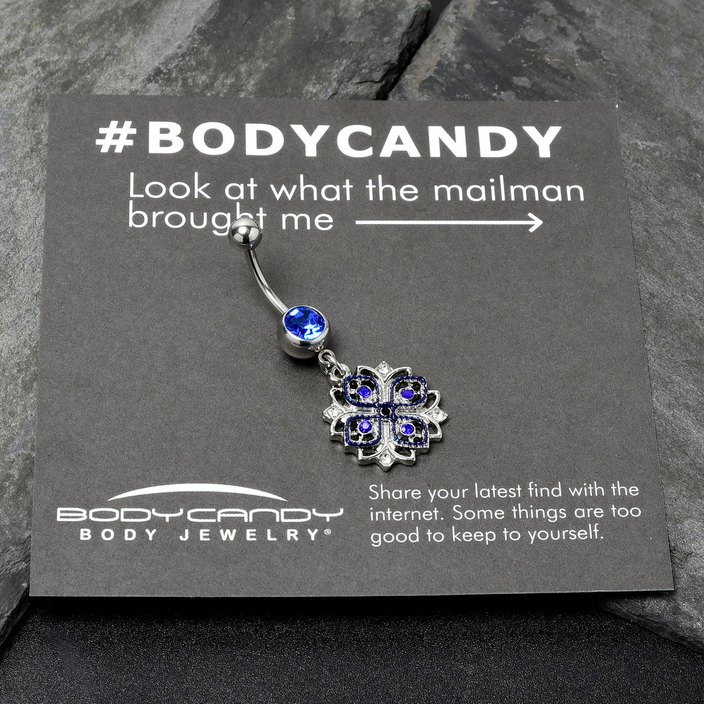 BodyCandy Clear Blue Gem Embellished Cross Dangle Belly Ring — size reference