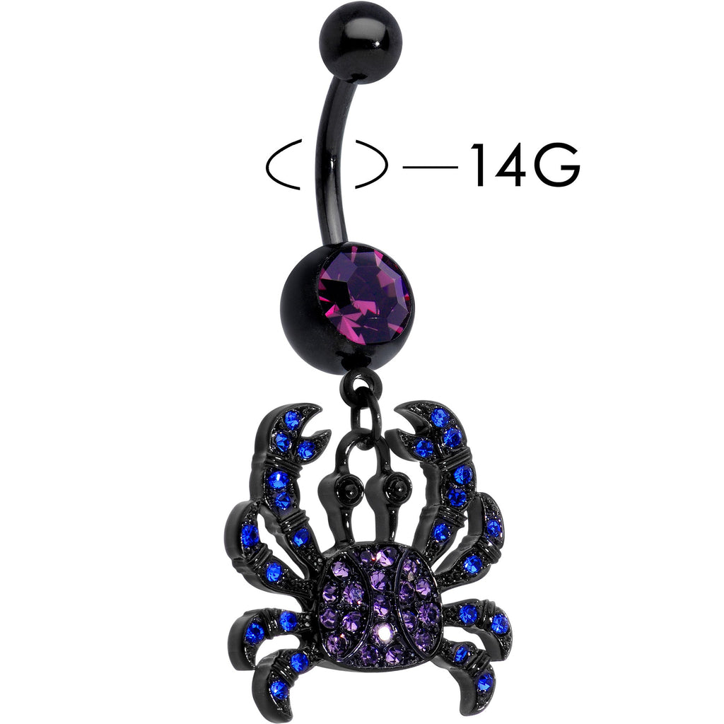 BodyCandy Blue Purple Gem Black Chic Crab Dangle Belly Ring — detail close-up
