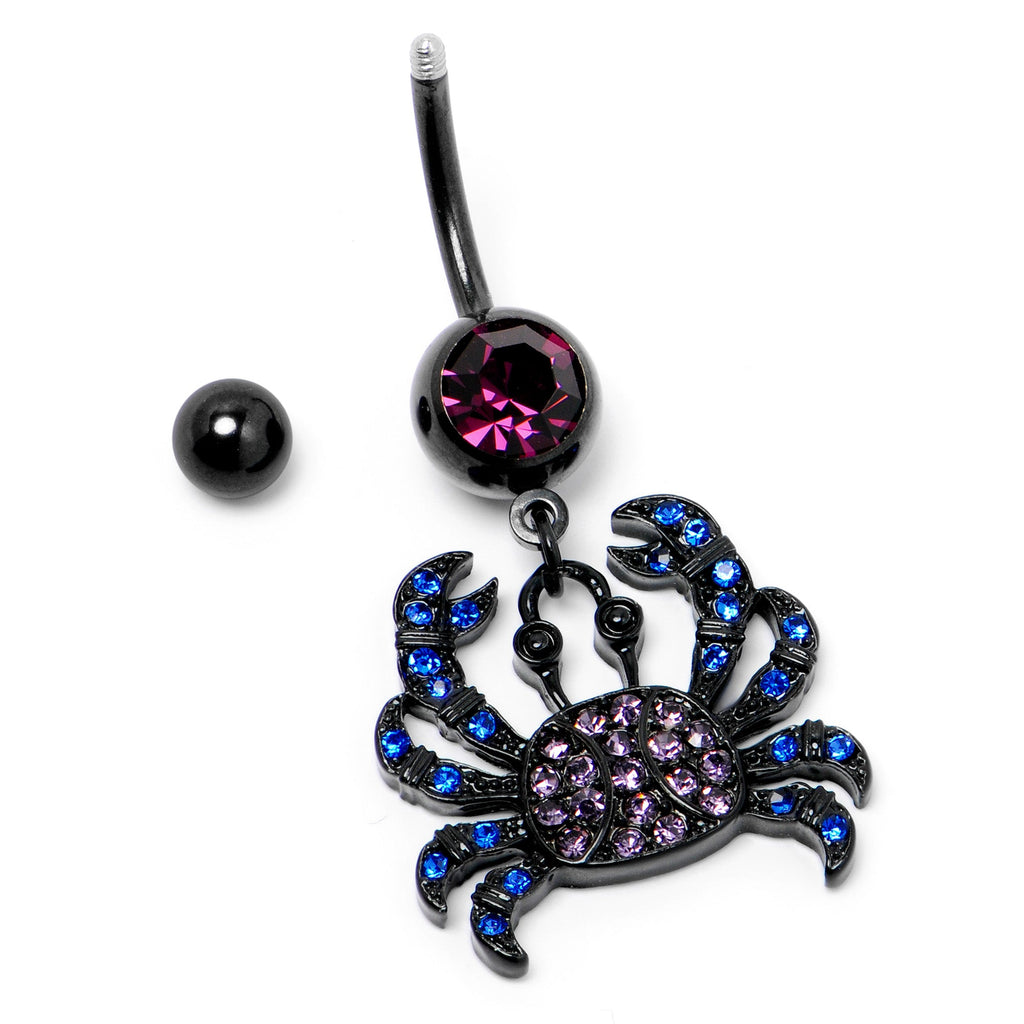 BodyCandy Blue Purple Gem Black Chic Crab Dangle Belly Ring — back view