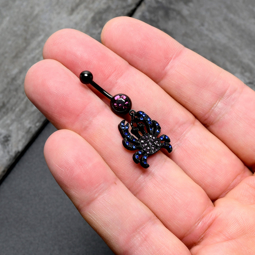 BodyCandy Blue Purple Gem Black Chic Crab Dangle Belly Ring — in-use photo