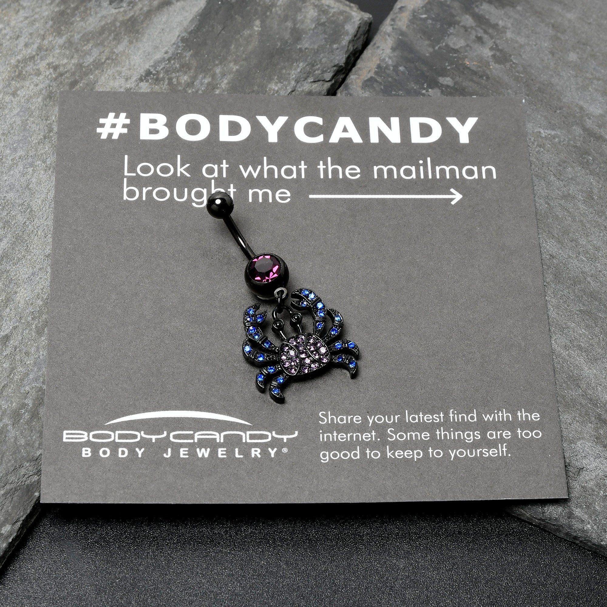 BodyCandy Blue Purple Gem Black Chic Crab Dangle Belly Ring — size reference