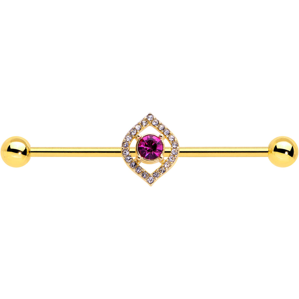BodyCandy 14G Clear Pink Gem Gold Tone Open Eye Industrial Barbell 38mm — detail close-up