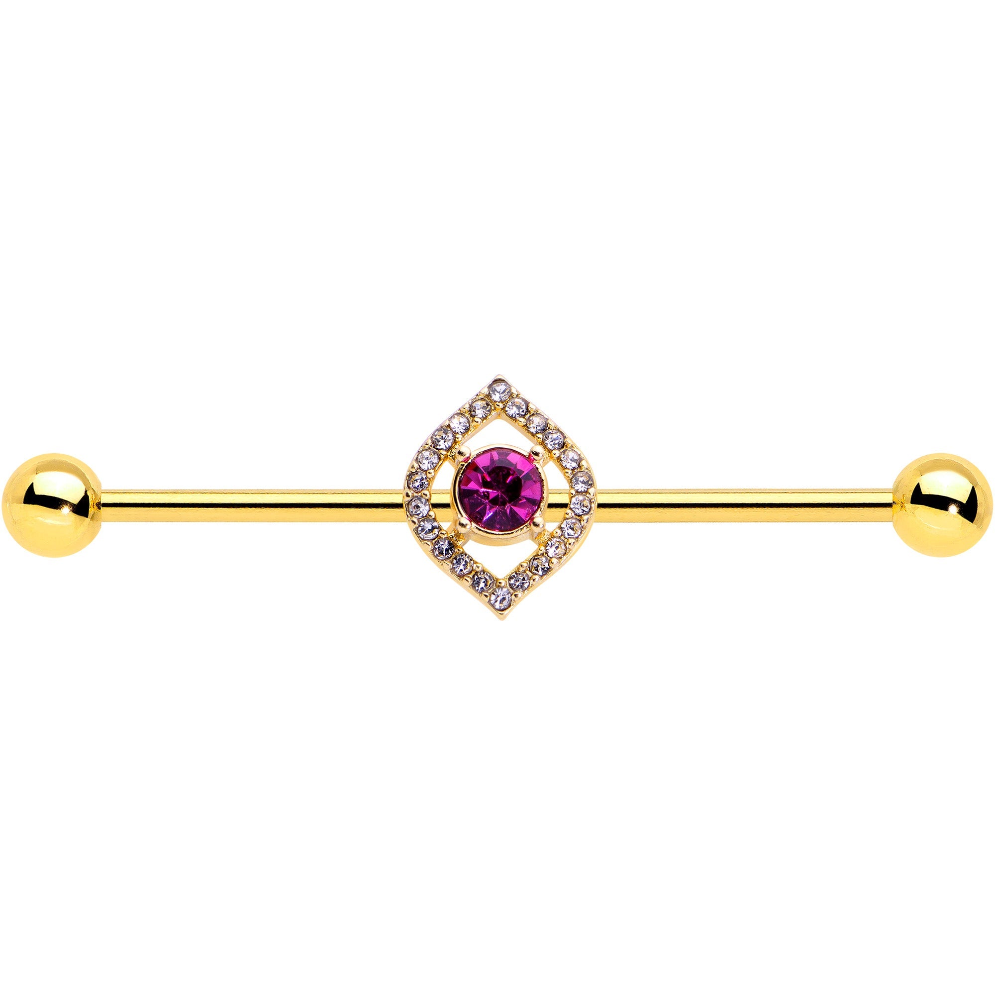 BodyCandy 14G Clear Pink Gem Gold Tone Open Eye Industrial Barbell 38mm — detail close-up