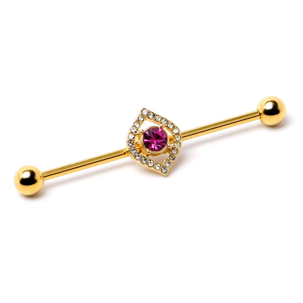 BodyCandy 14G Clear Pink Gem Gold Tone Open Eye Industrial Barbell 38mm — side view