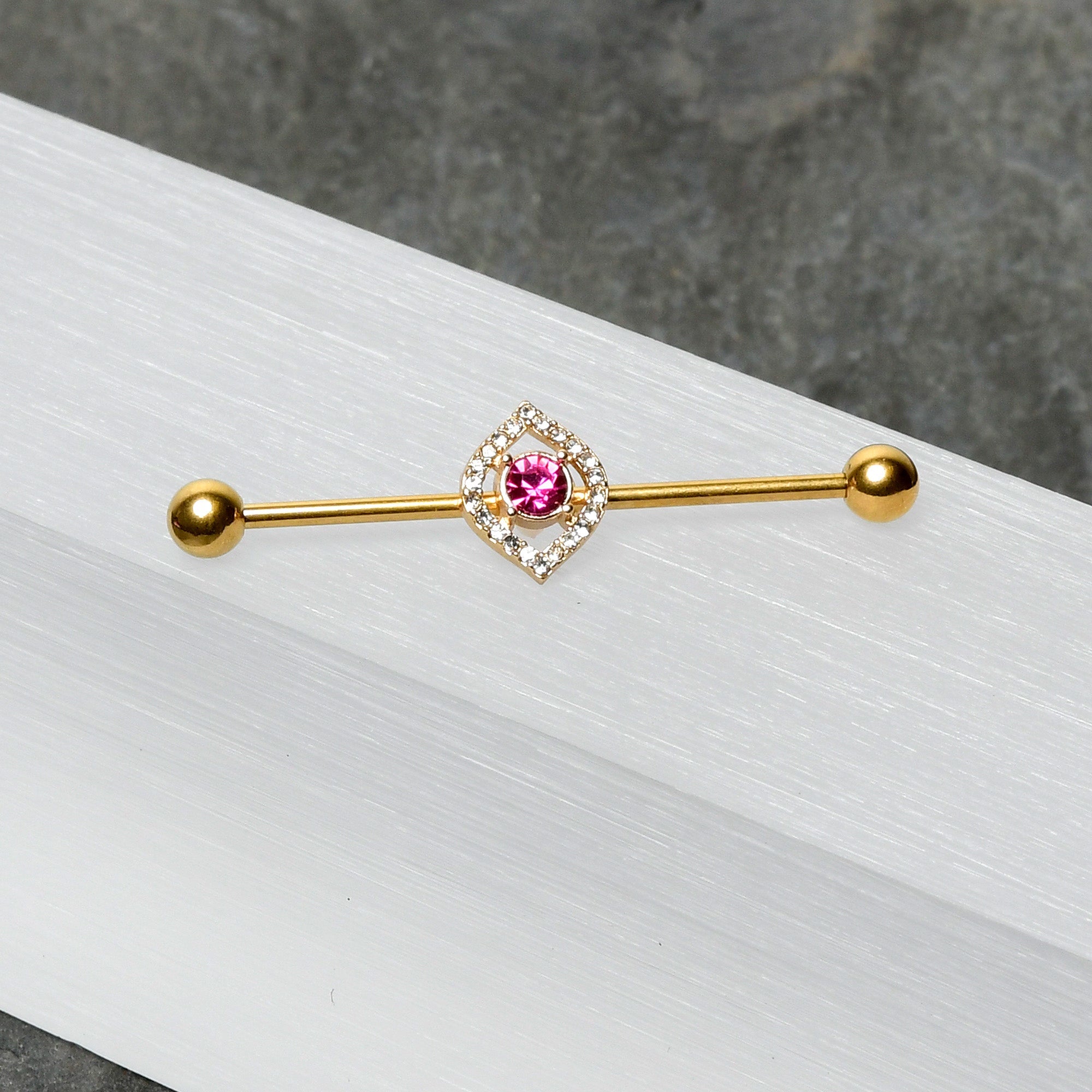 BodyCandy 14G Clear Pink Gem Gold Tone Open Eye Industrial Barbell 38mm — alternative angle