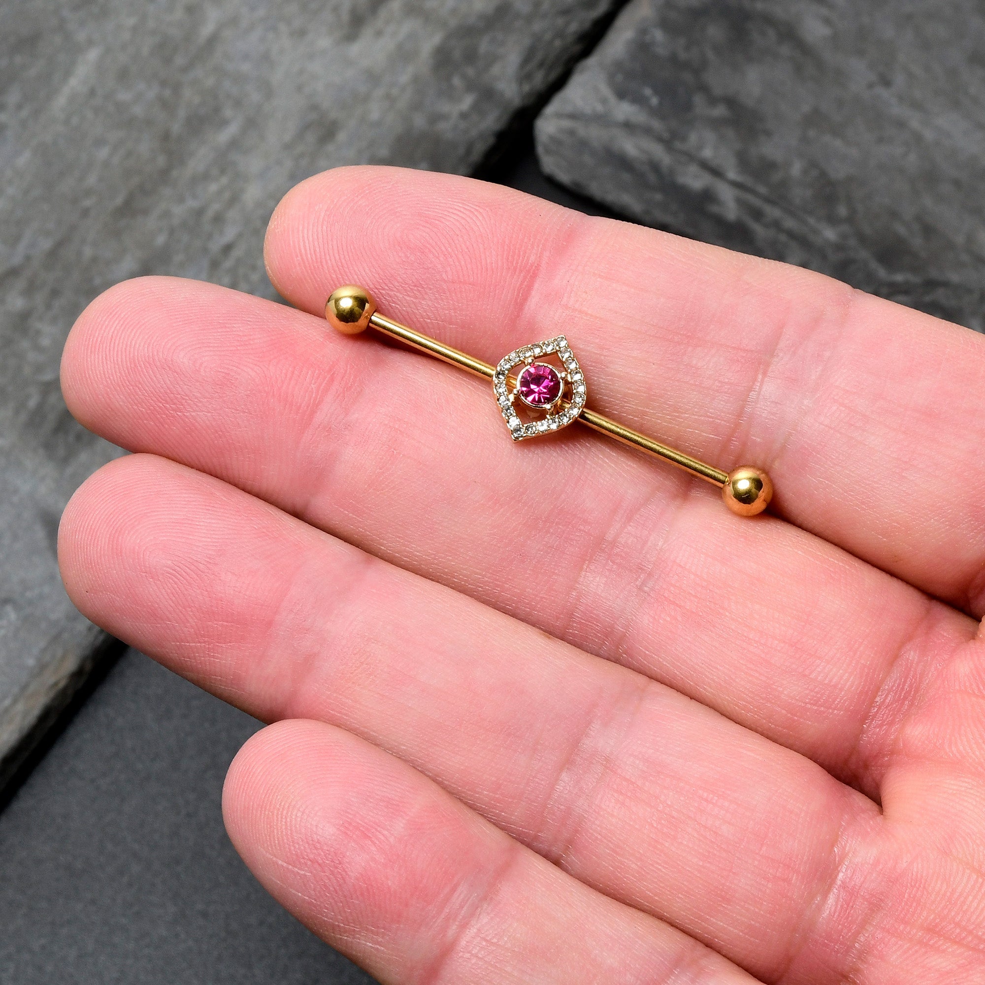 BodyCandy 14G Clear Pink Gem Gold Tone Open Eye Industrial Barbell 38mm — in-use photo