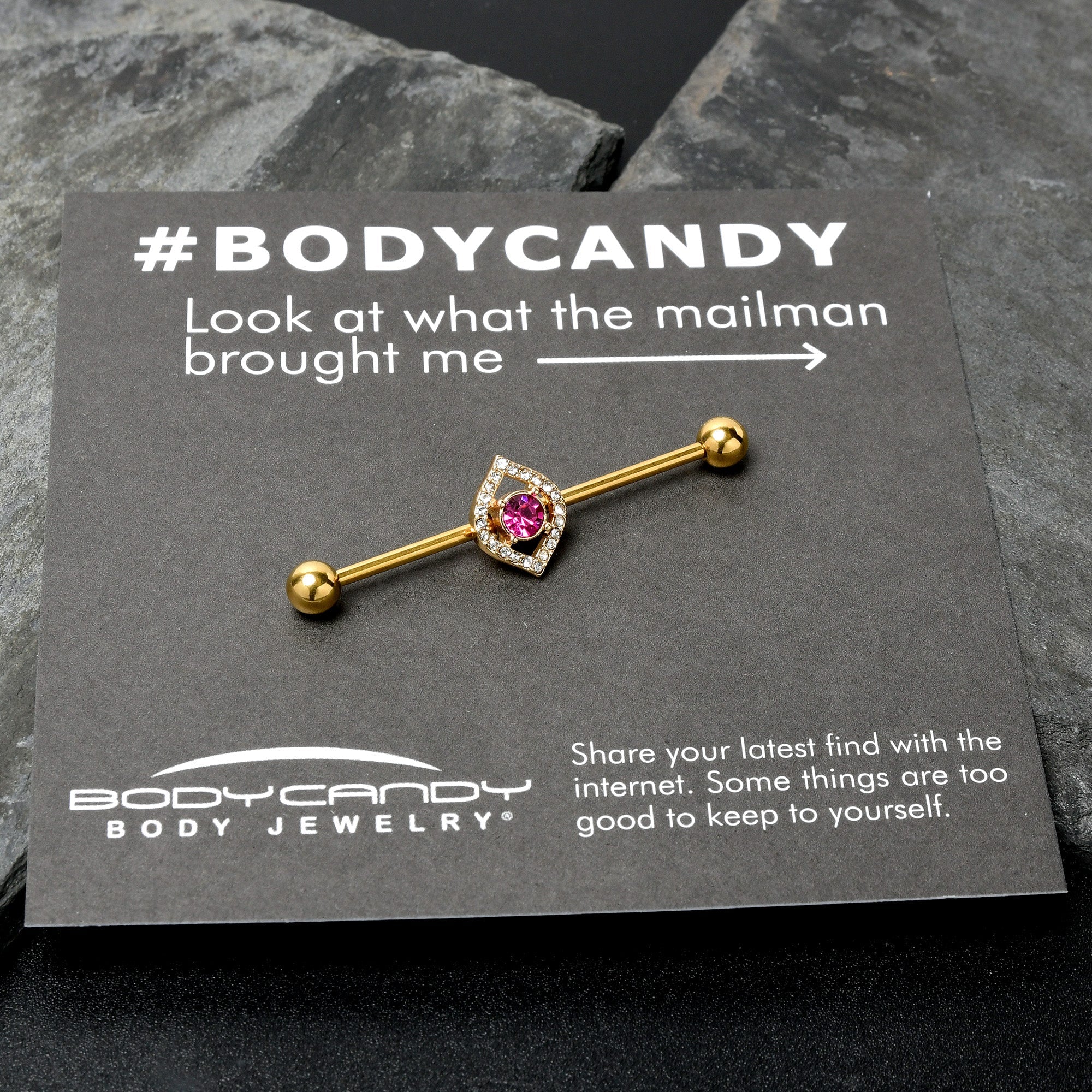 BodyCandy 14G Clear Pink Gem Gold Tone Open Eye Industrial Barbell 38mm — size reference