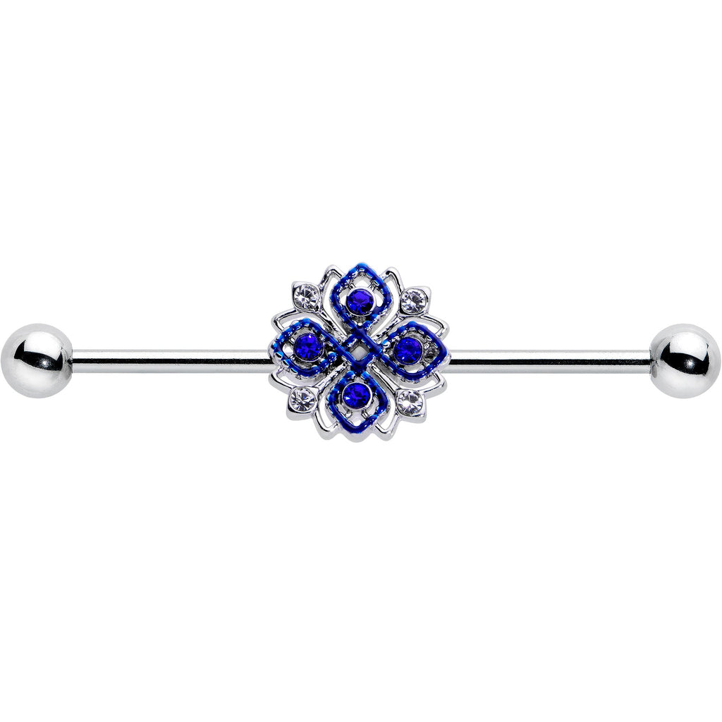 BodyCandy 14G Clear Blue Gem Embellished Cross Industrial Barbell 38mm — detail close-up