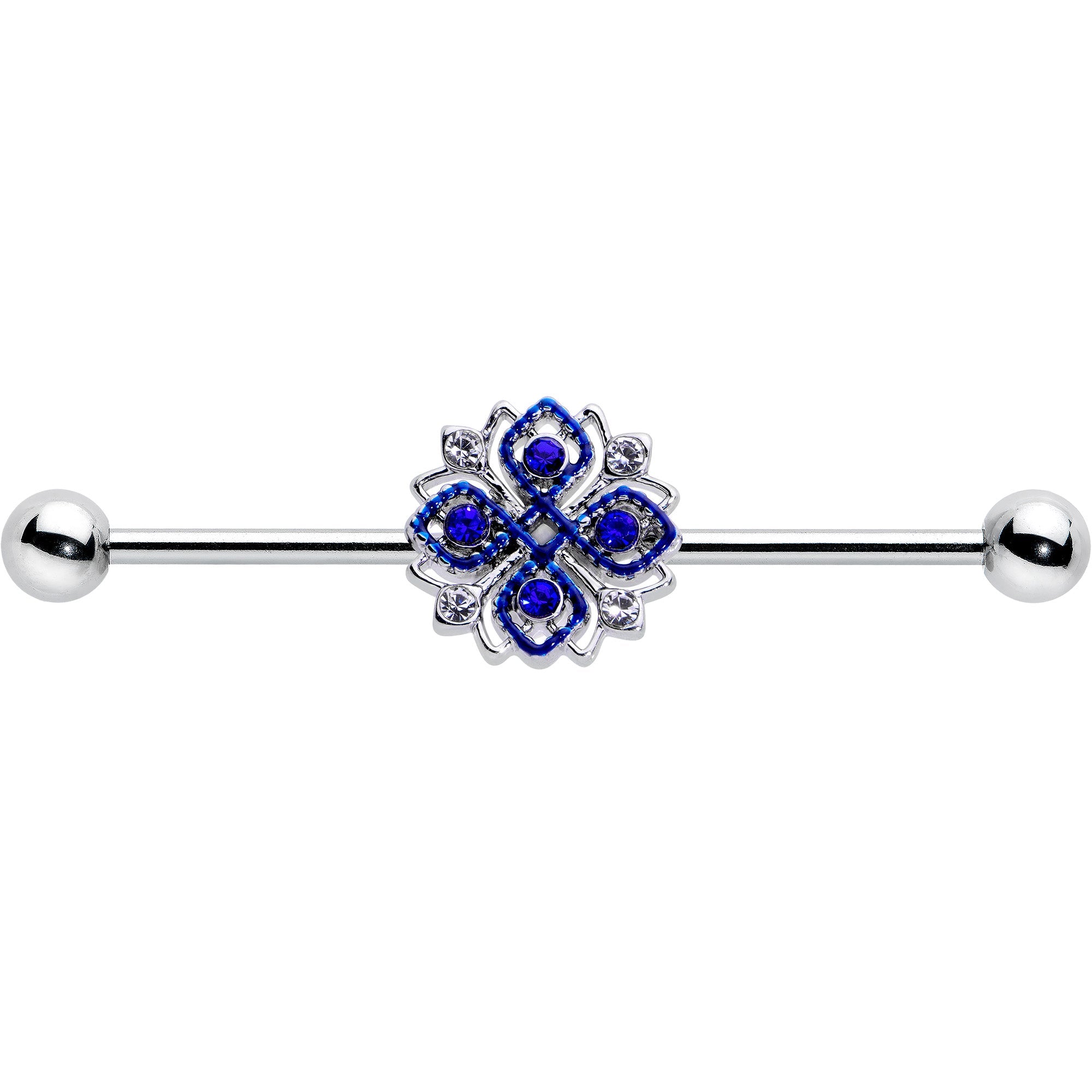 BodyCandy 14G Clear Blue Gem Embellished Cross Industrial Barbell 38mm — detail close-up