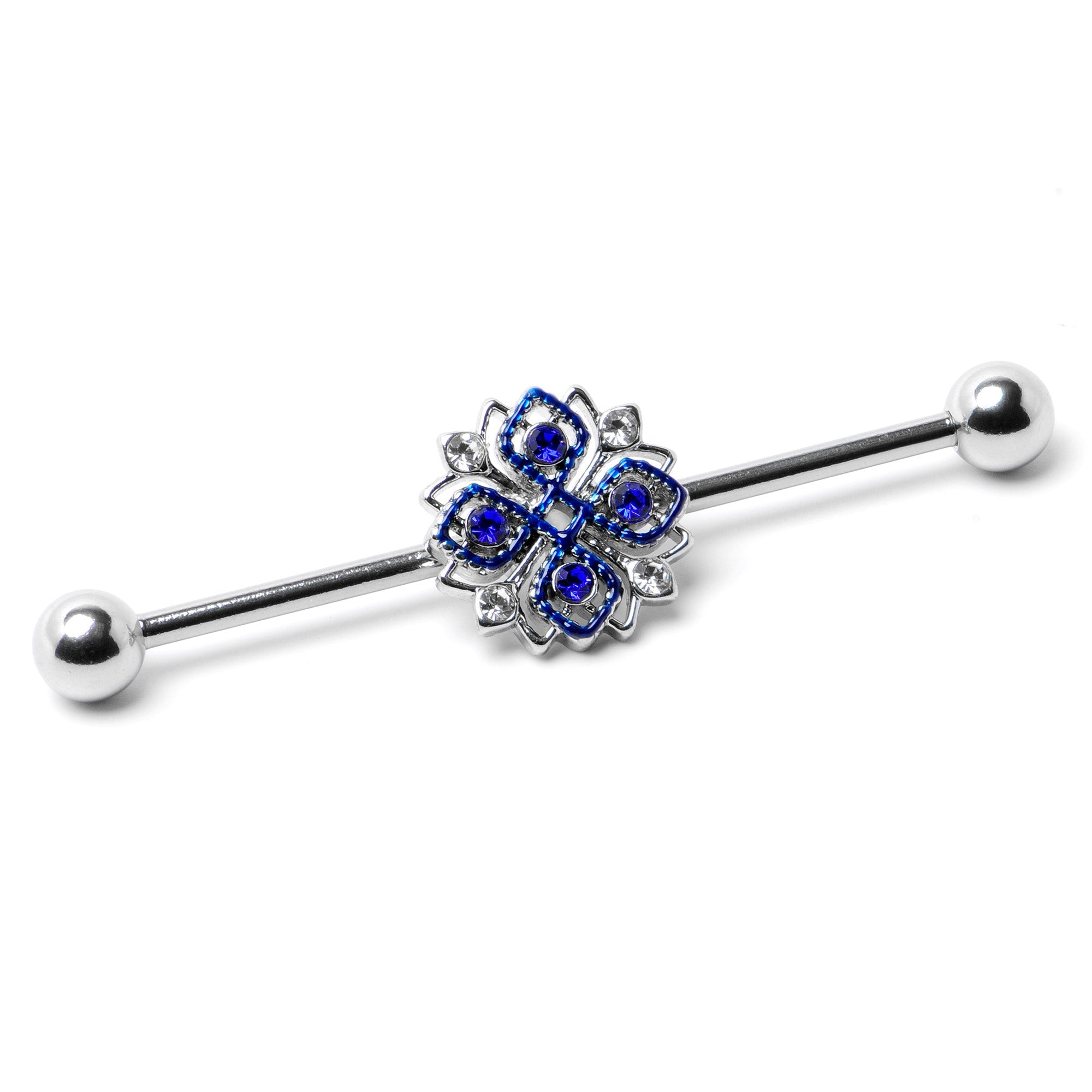 BodyCandy 14G Clear Blue Gem Embellished Cross Industrial Barbell 38mm — side view