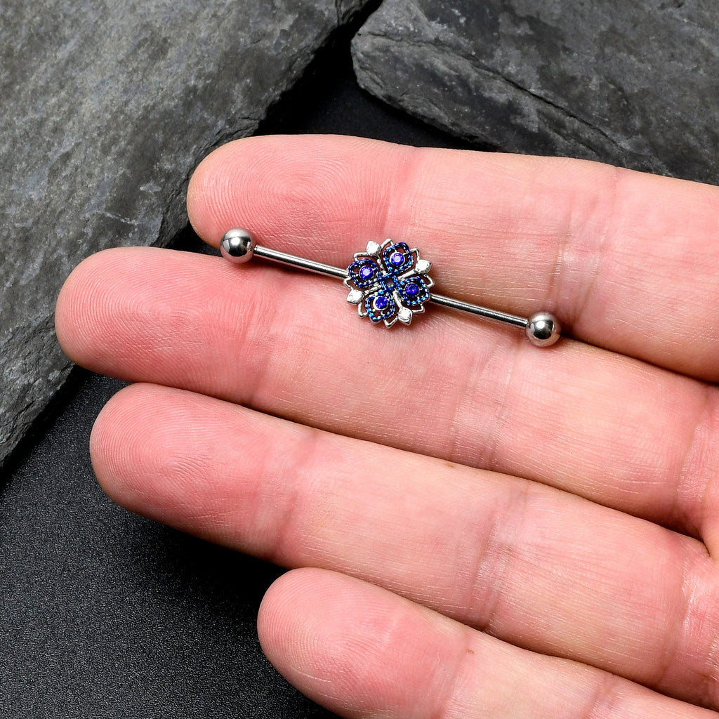 BodyCandy 14G Clear Blue Gem Embellished Cross Industrial Barbell 38mm — in-use photo