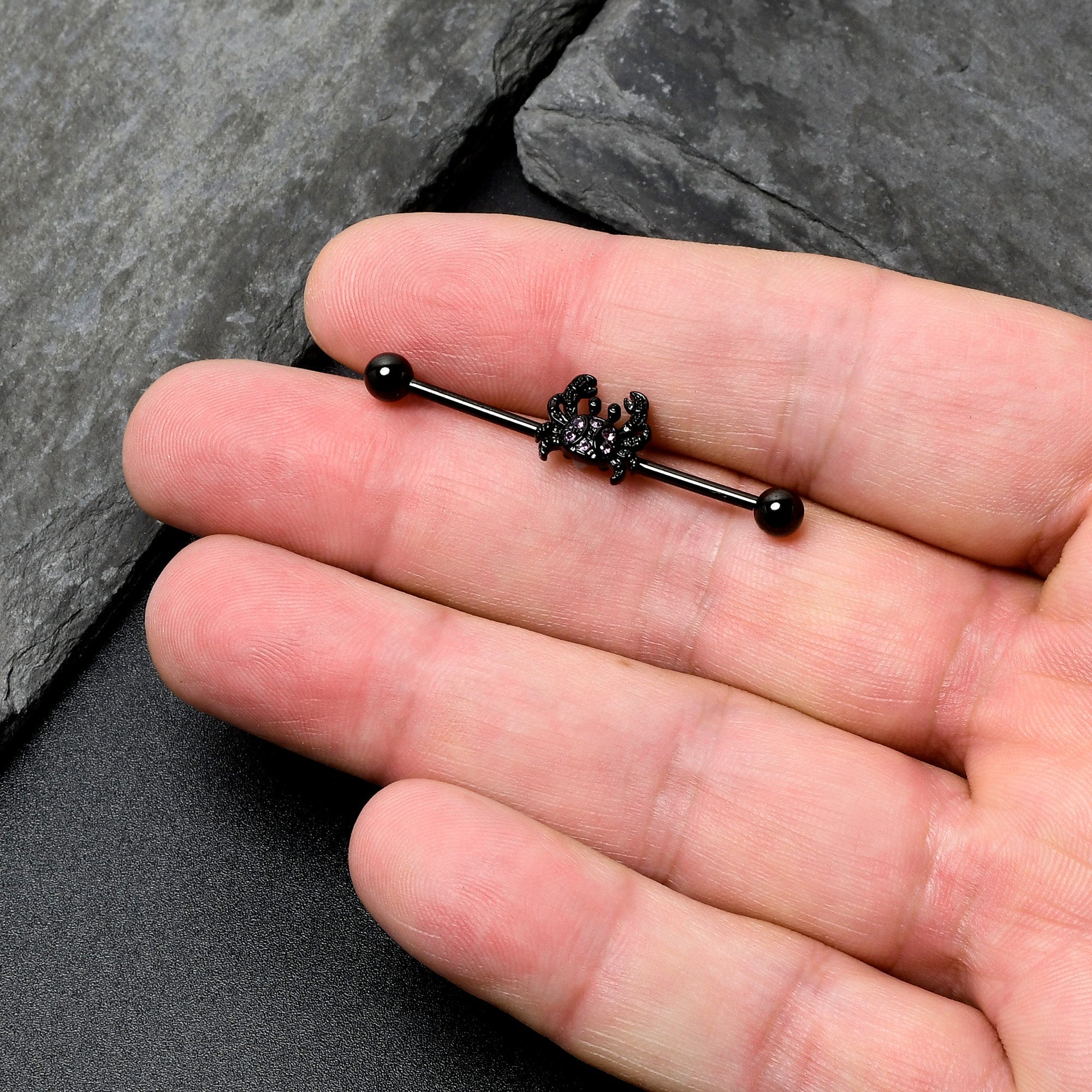 BodyCandy 14G Purple Gem Black Chic Crab Industrial Barbell 38mm — in-use photo