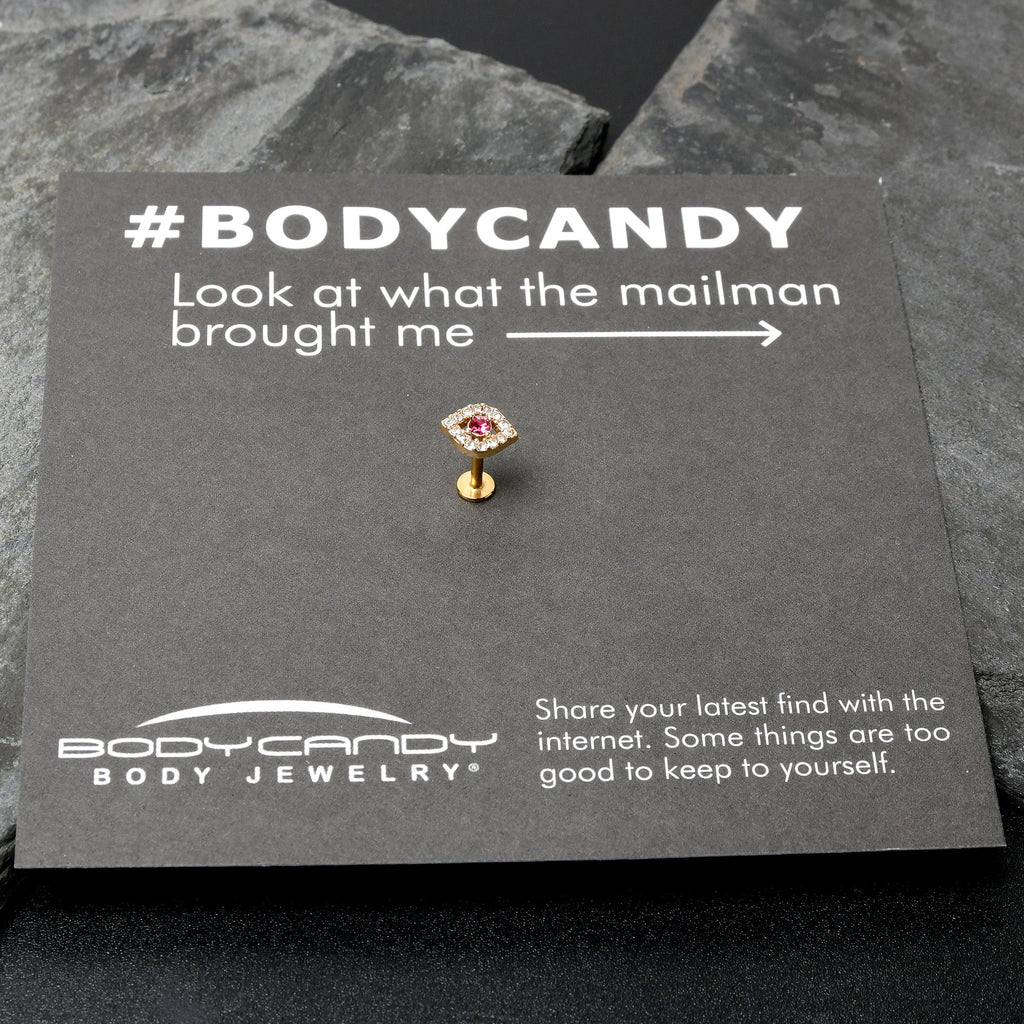 BodyCandy 16G 1/4 Clear Pink Gem Gold Tone Open Eye Labret — size reference