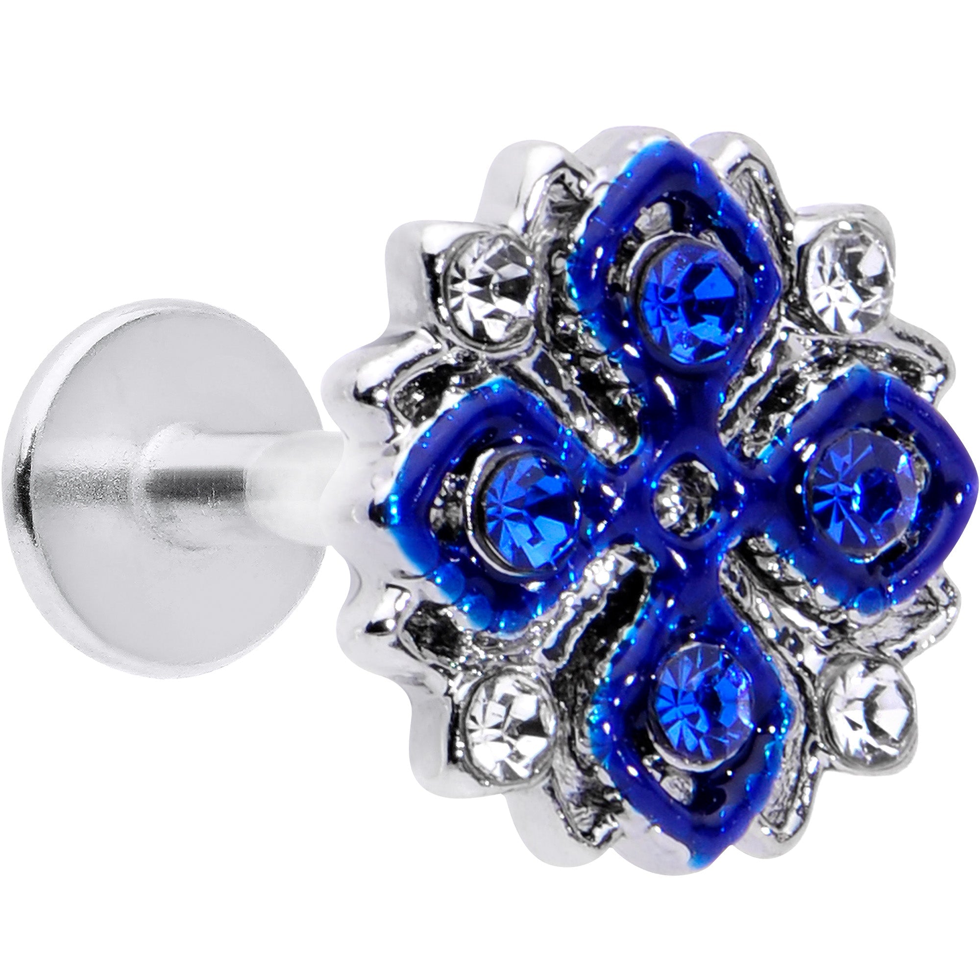 BodyCandy 16G 1/4 Clear Blue Gem Embellished Cross Labret — main product shot