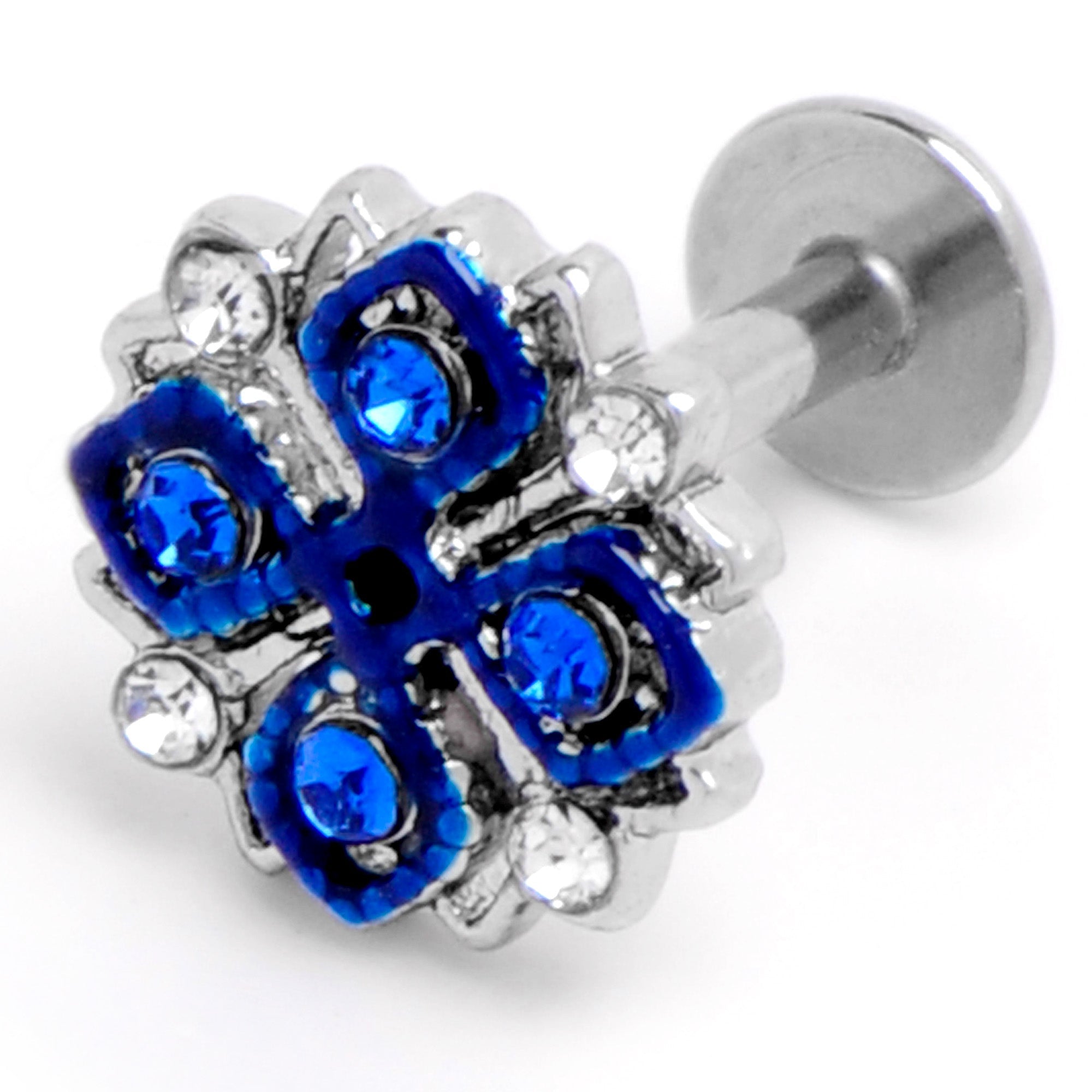 BodyCandy 16G 1/4 Clear Blue Gem Embellished Cross Labret — back view