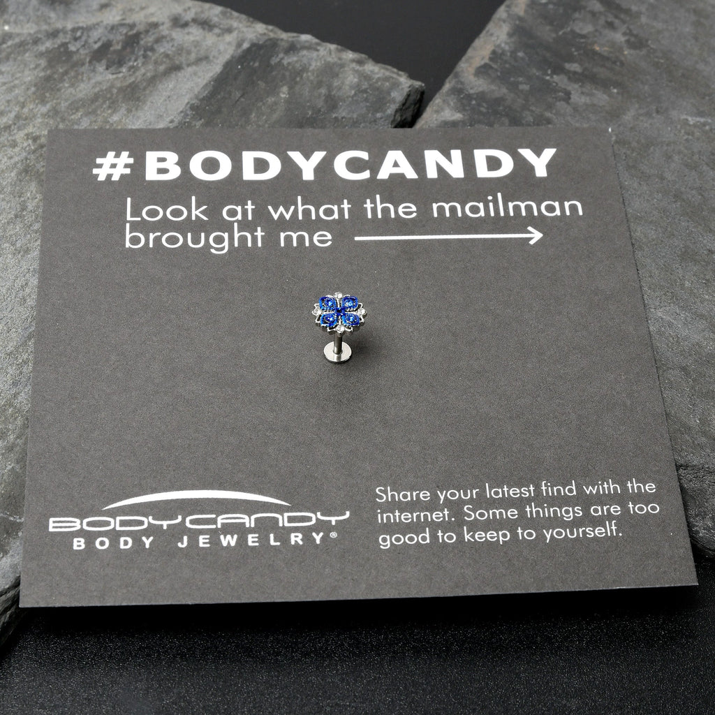 BodyCandy 16G 1/4 Clear Blue Gem Embellished Cross Labret — size reference