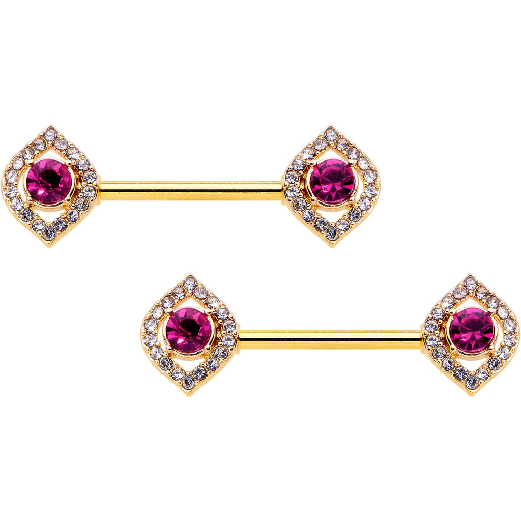 BodyCandy 14G 9/16 Clear Pink Gem Gold Tone Open Eye Barbell Nipple Ring Set — main product shot