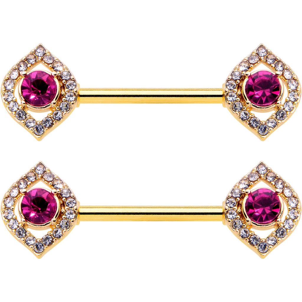 BodyCandy 14G 9/16 Clear Pink Gem Gold Tone Open Eye Barbell Nipple Ring Set — detail close-up