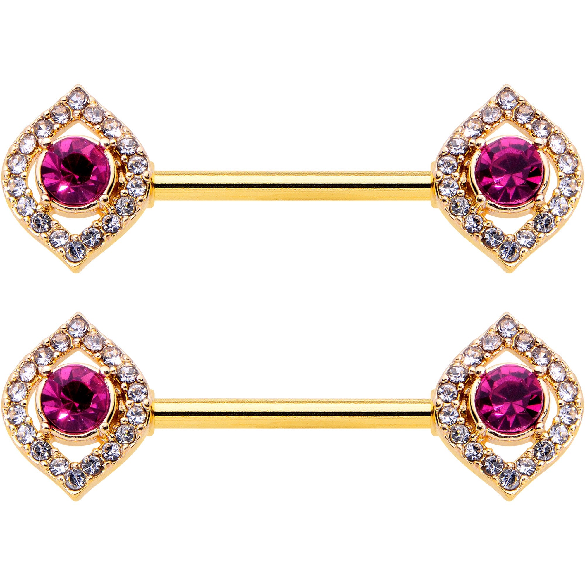BodyCandy 14G 9/16 Clear Pink Gem Gold Tone Open Eye Barbell Nipple Ring Set — detail close-up