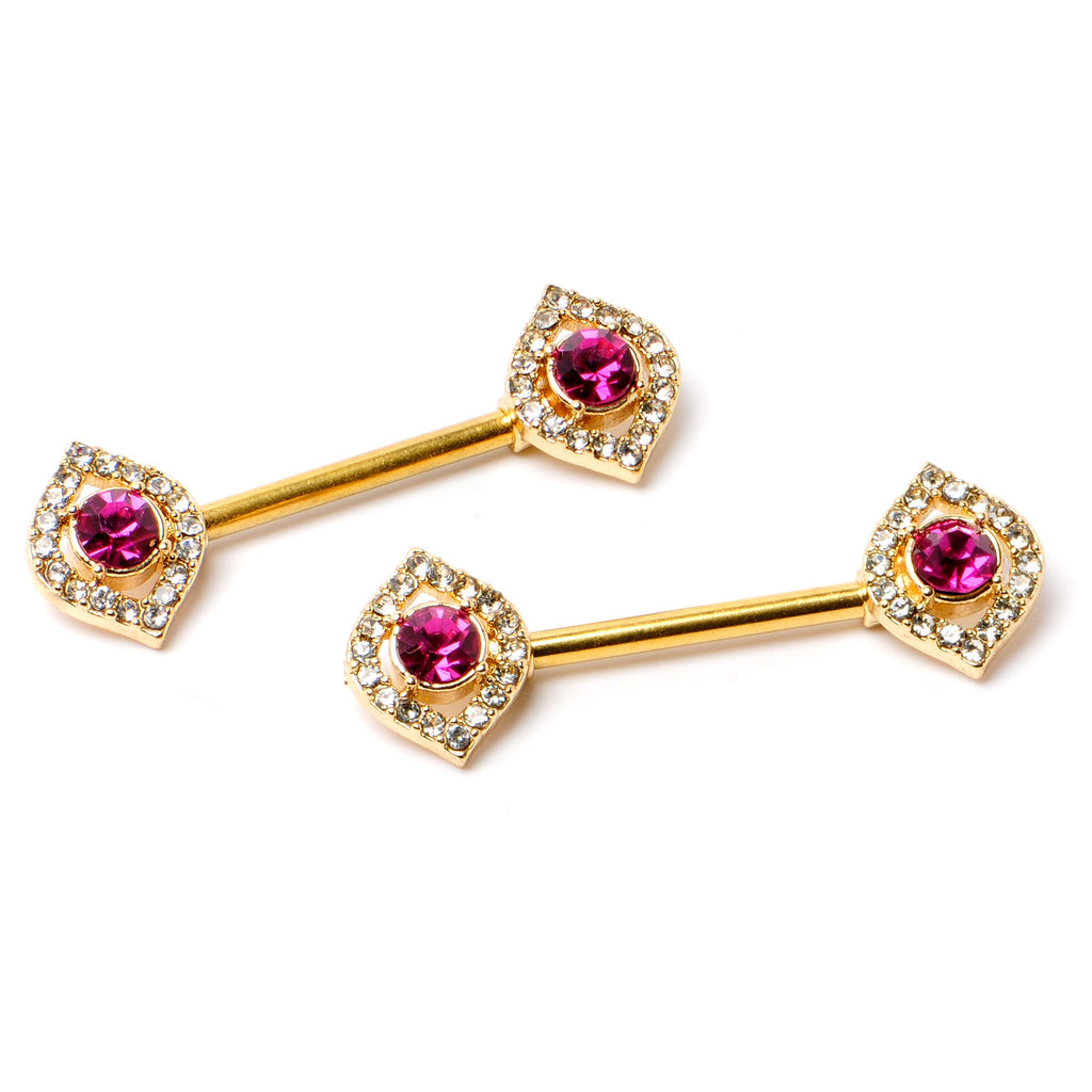 BodyCandy 14G 9/16 Clear Pink Gem Gold Tone Open Eye Barbell Nipple Ring Set — side view