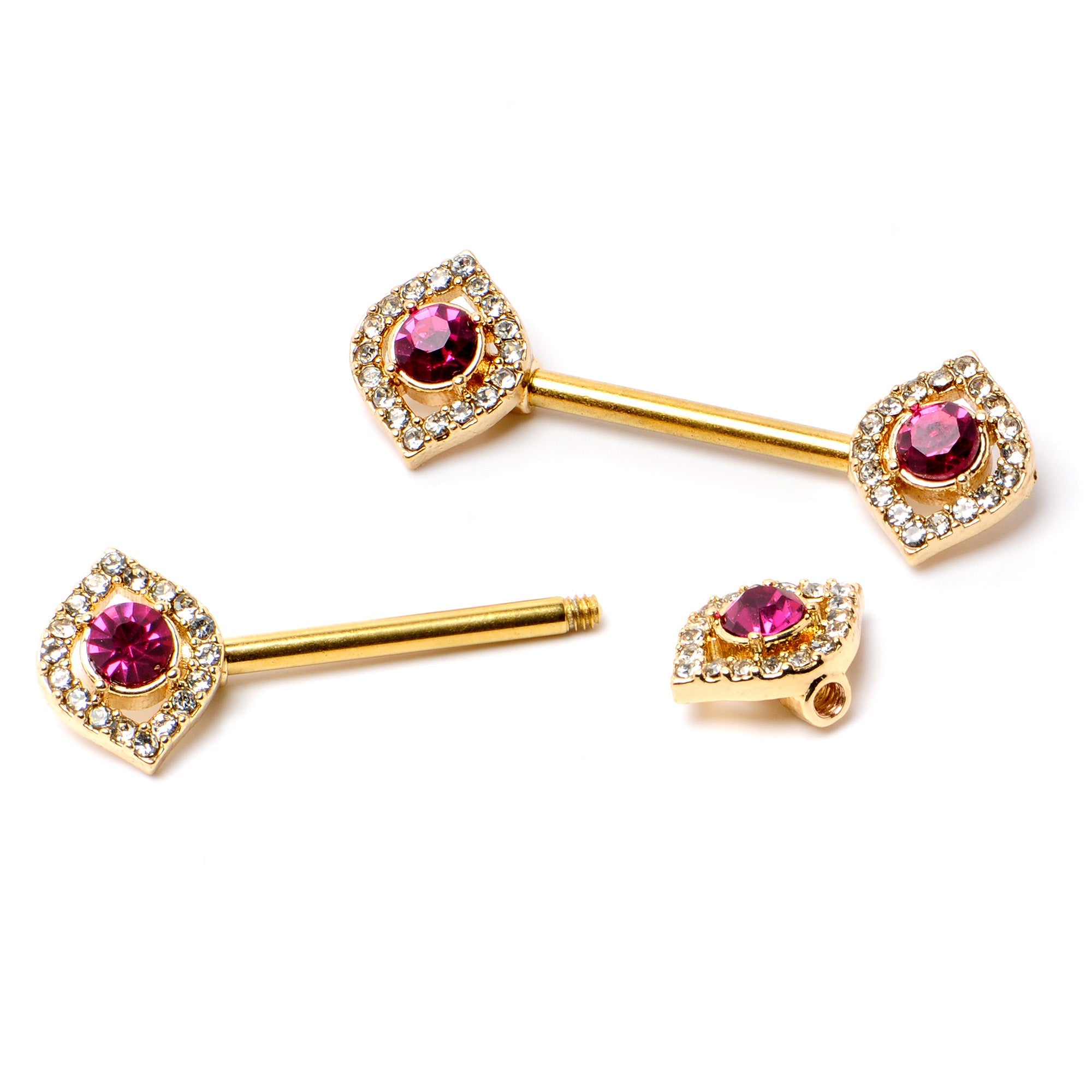 BodyCandy 14G 9/16 Clear Pink Gem Gold Tone Open Eye Barbell Nipple Ring Set — back view