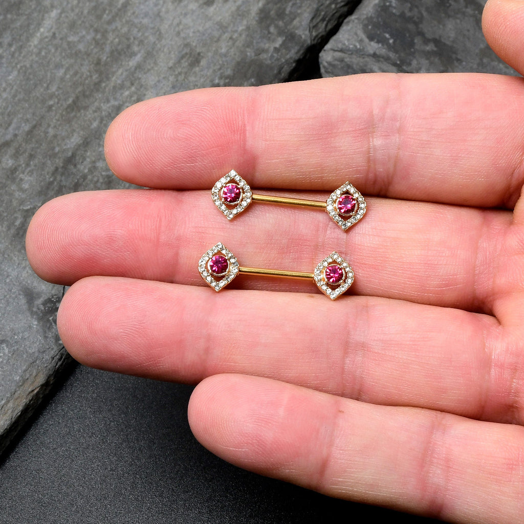 BodyCandy 14G 9/16 Clear Pink Gem Gold Tone Open Eye Barbell Nipple Ring Set — in-use photo