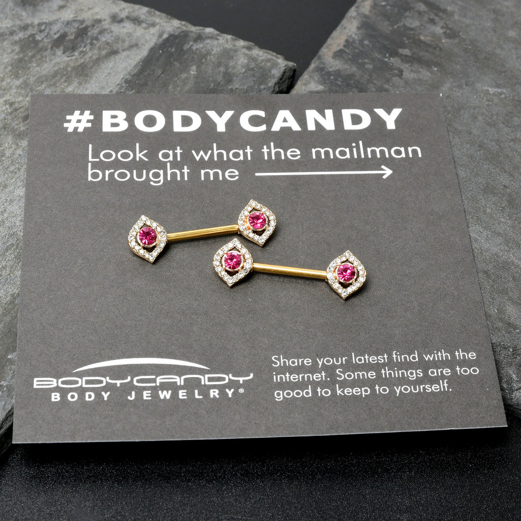 BodyCandy 14G 9/16 Clear Pink Gem Gold Tone Open Eye Barbell Nipple Ring Set — size reference