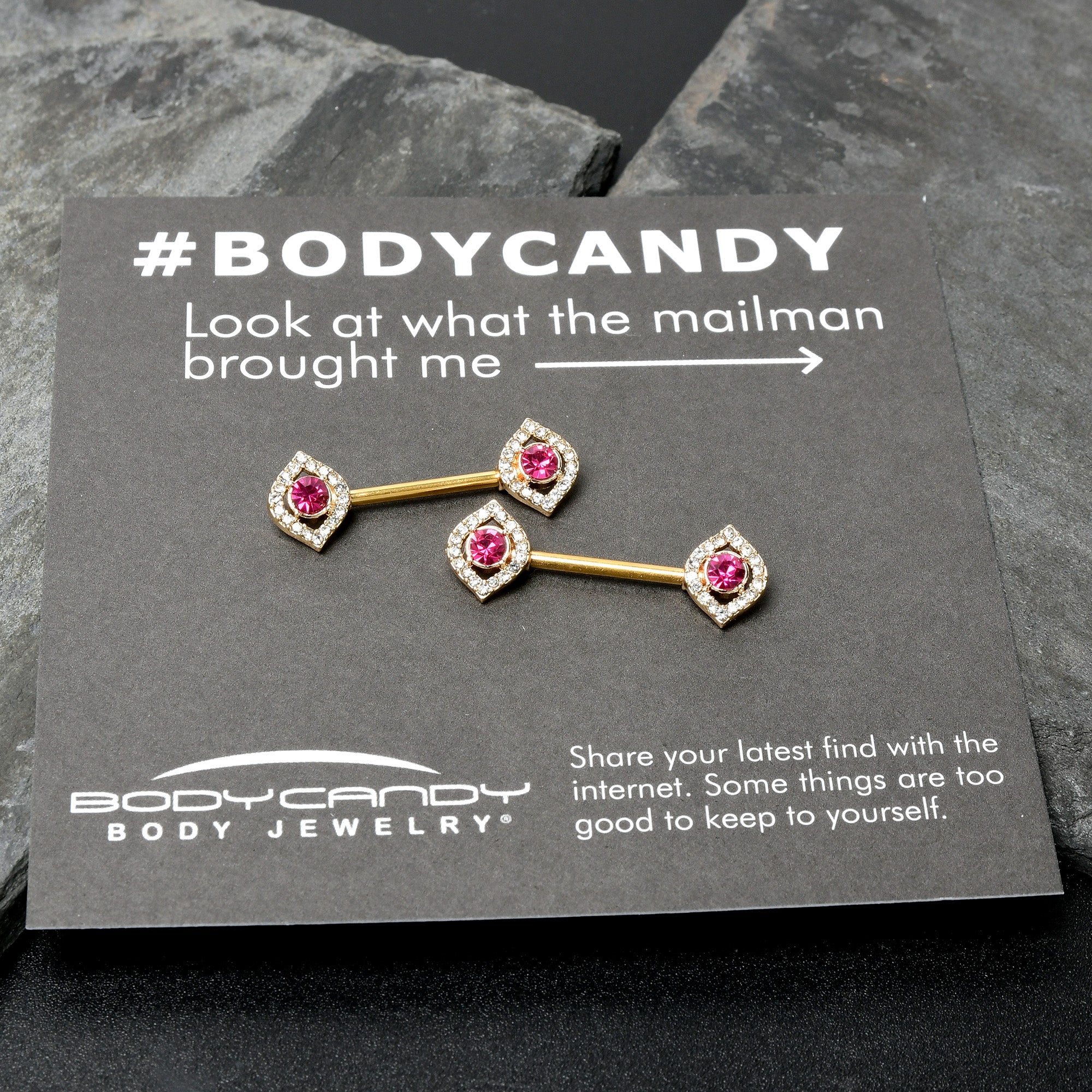 BodyCandy 14G 9/16 Clear Pink Gem Gold Tone Open Eye Barbell Nipple Ring Set — size reference