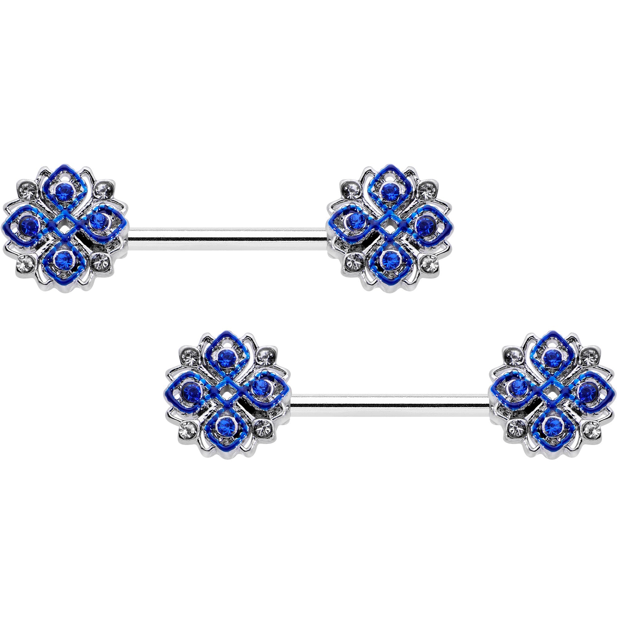 BodyCandy 14G 9/16 Clear Blue Gem Embellished Cross Barbell Nipple Ring Set — main product shot