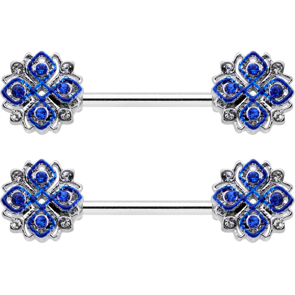 BodyCandy 14G 9/16 Clear Blue Gem Embellished Cross Barbell Nipple Ring Set — detail close-up