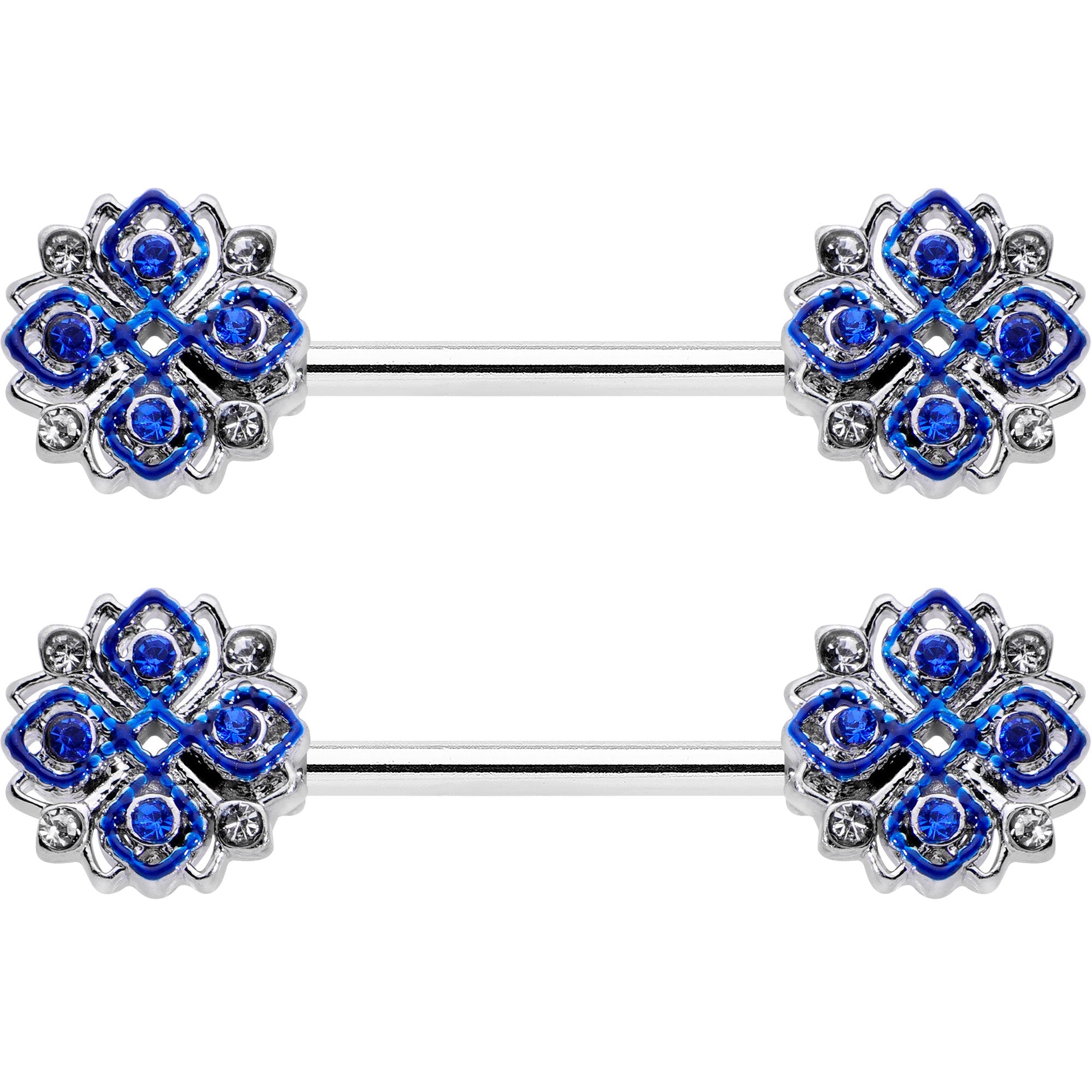 BodyCandy 14G 9/16 Clear Blue Gem Embellished Cross Barbell Nipple Ring Set — detail close-up