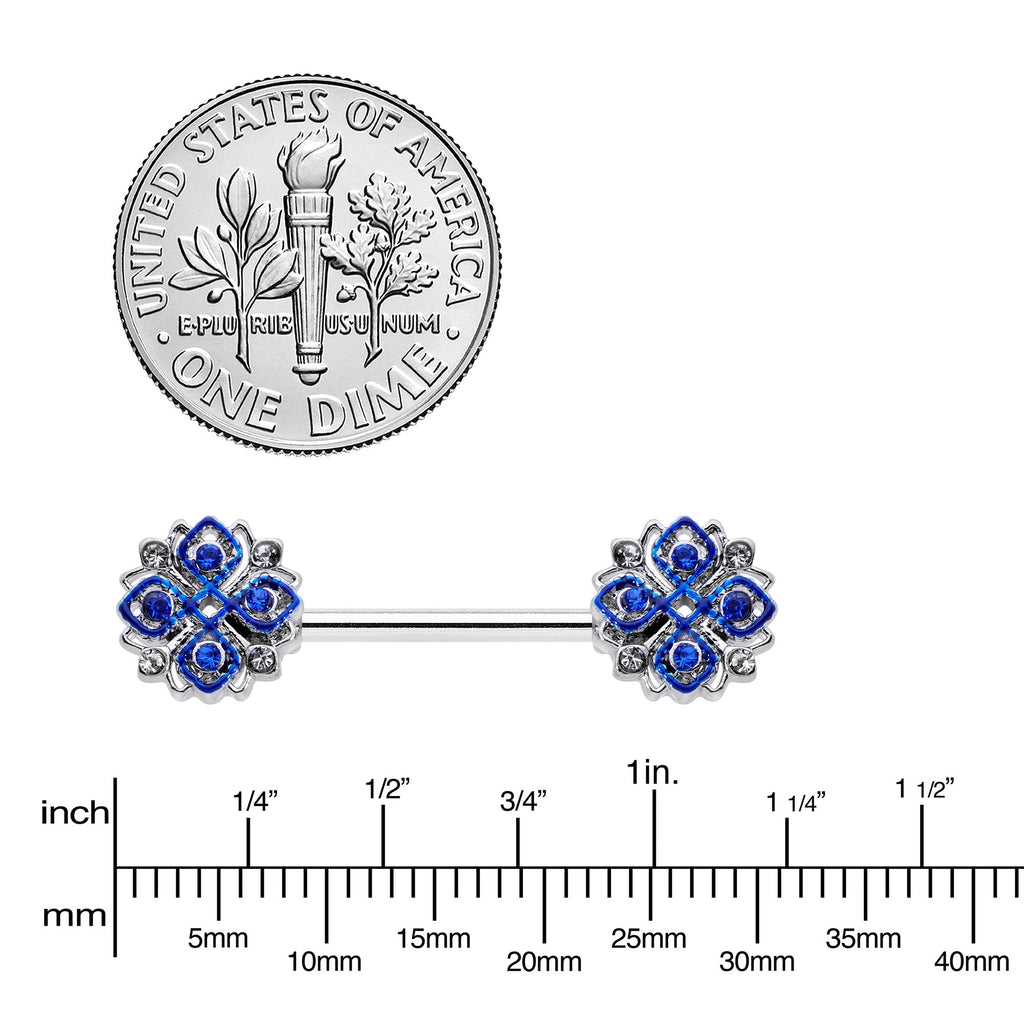 BodyCandy 14G 9/16 Clear Blue Gem Embellished Cross Barbell Nipple Ring Set — lifestyle context