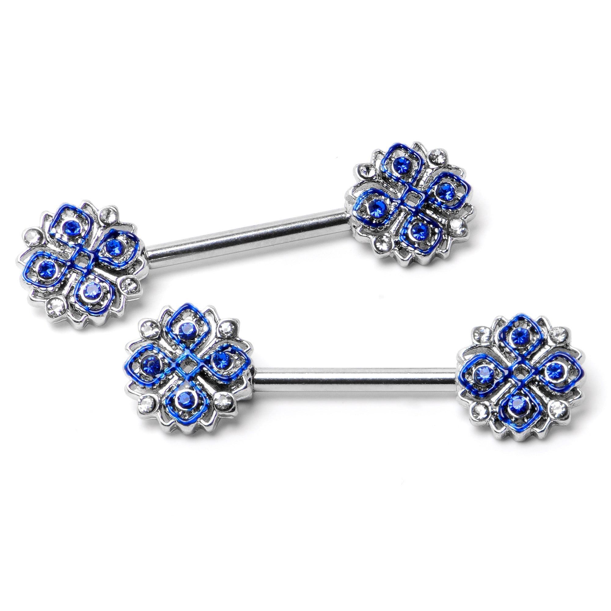 BodyCandy 14G 9/16 Clear Blue Gem Embellished Cross Barbell Nipple Ring Set — side view