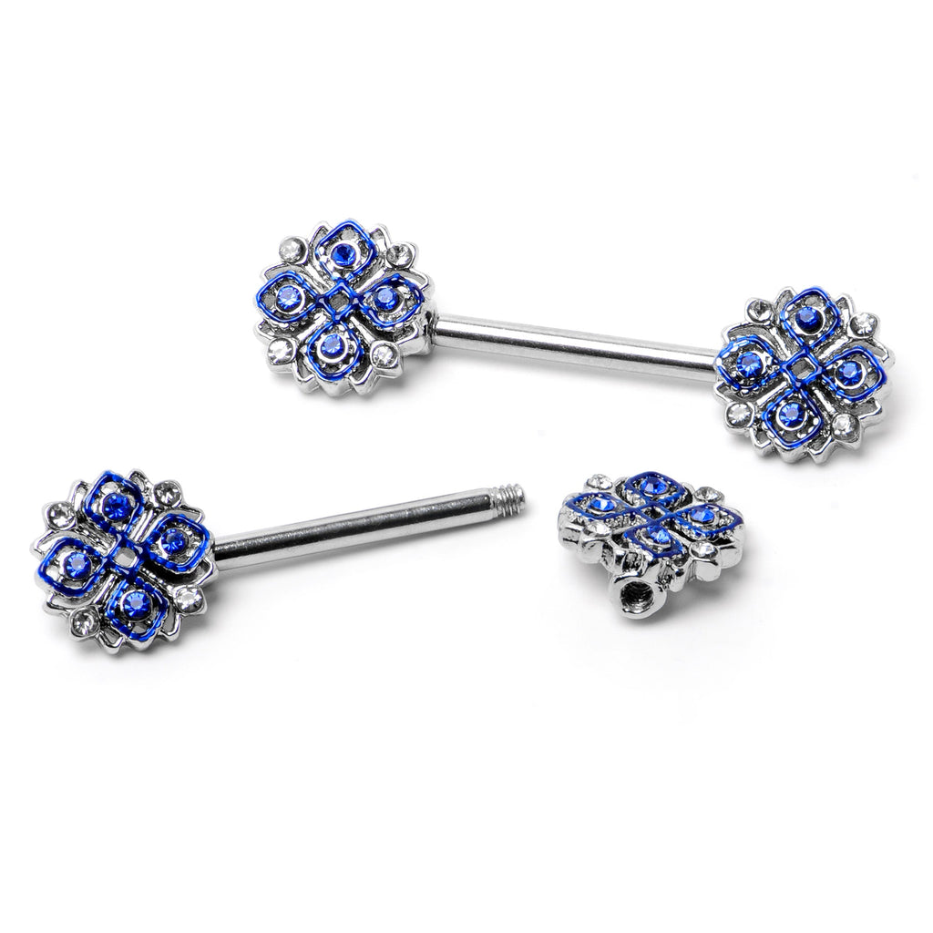BodyCandy 14G 9/16 Clear Blue Gem Embellished Cross Barbell Nipple Ring Set — back view